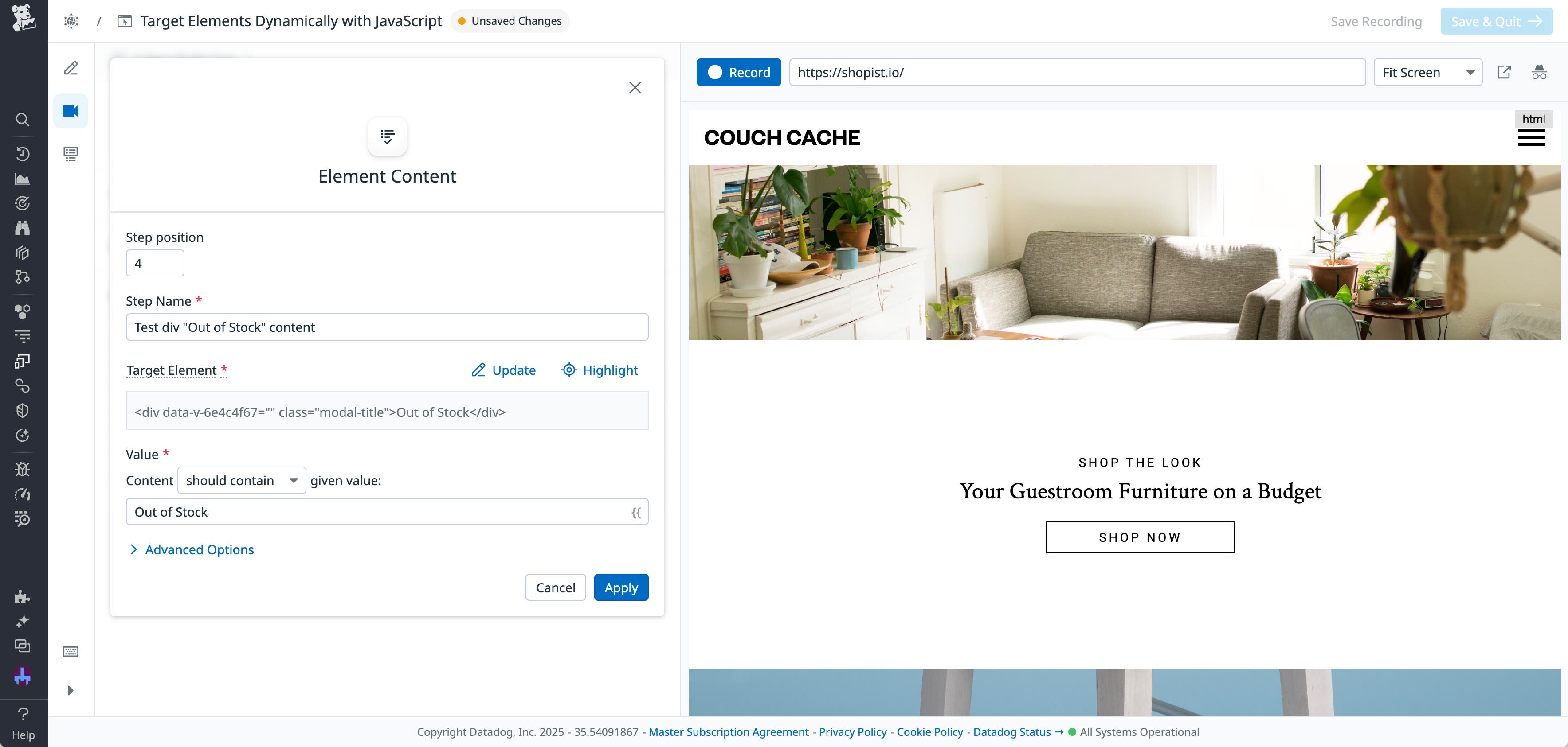 The Element Content panel for a locator that selects an element with 'Out of Stock' text. The Element Content panel for a locator that selects an element with 'Out of Stock' text.