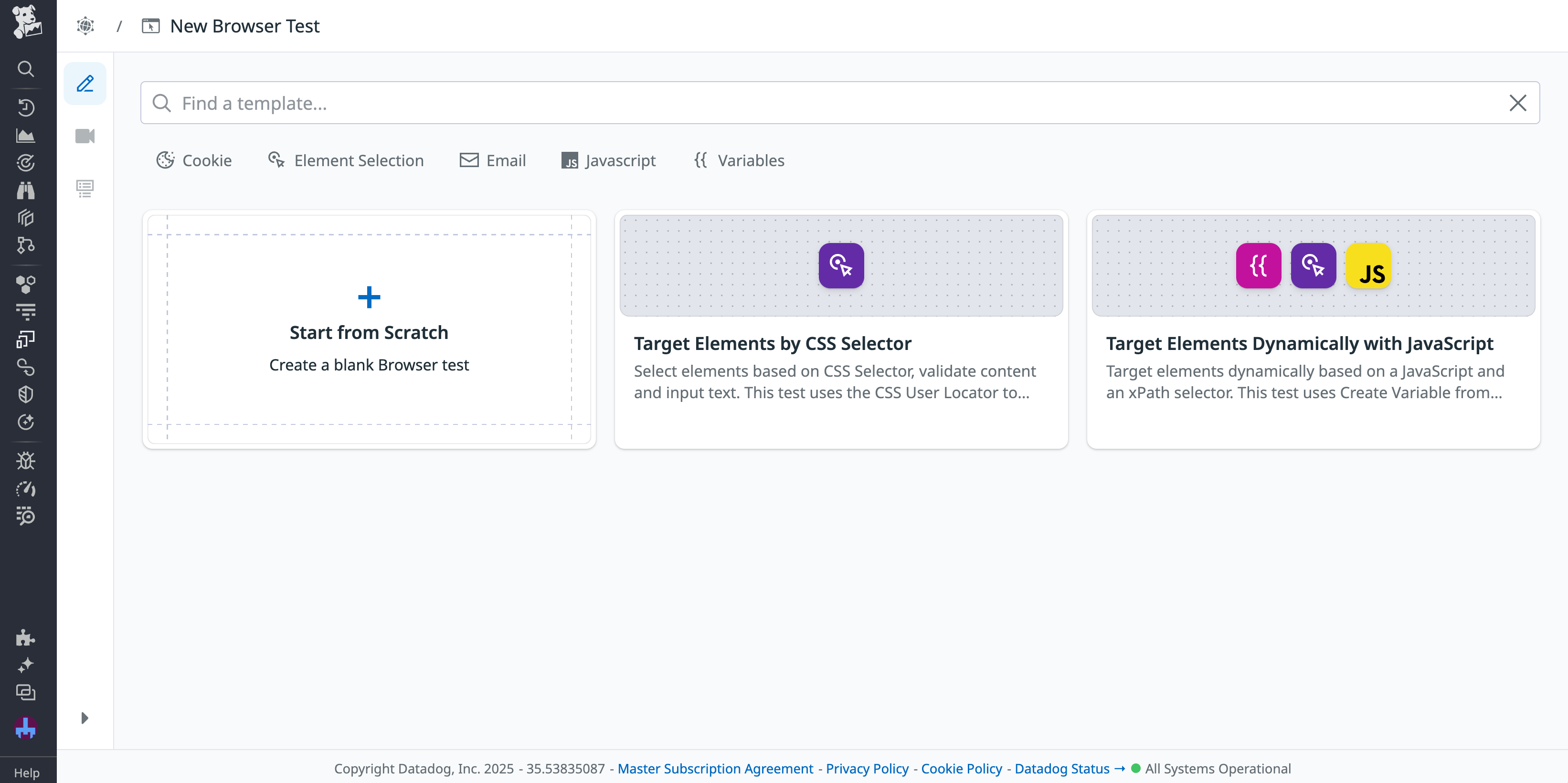 The template selection window in Datadog Synthetic Monitoring, showing the two locator-related templates.