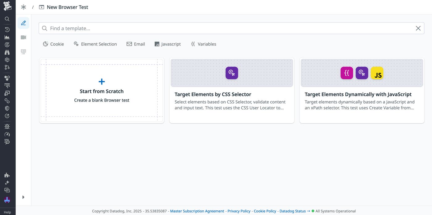 The template selection window in Datadog Synthetic Monitoring, showing the two locator-related templates. The template selection window in Datadog Synthetic Monitoring, showing the two locator-related templates.