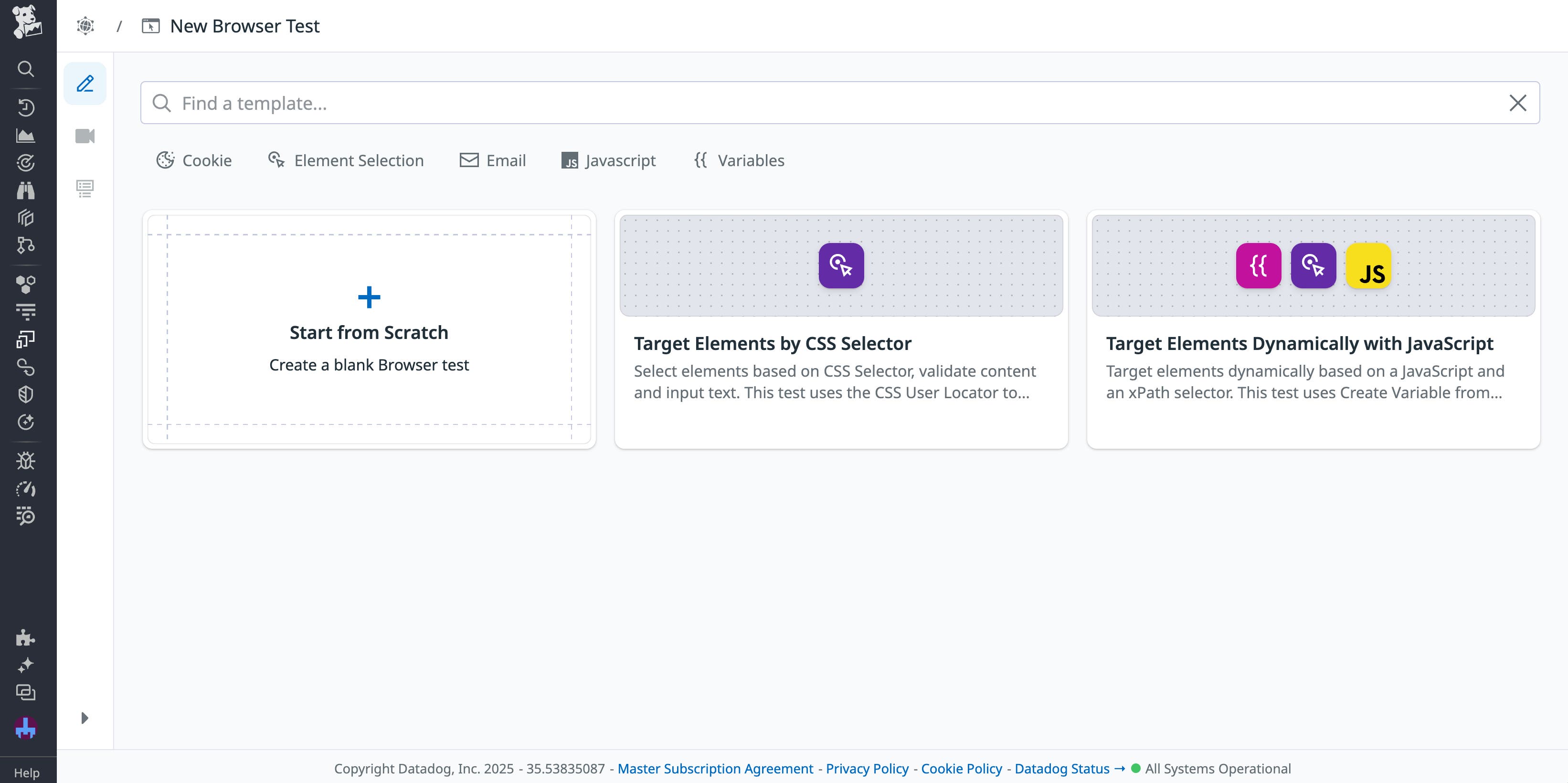 The template selection window in Datadog Synthetic Monitoring, showing the two locator-related templates. The template selection window in Datadog Synthetic Monitoring, showing the two locator-related templates.