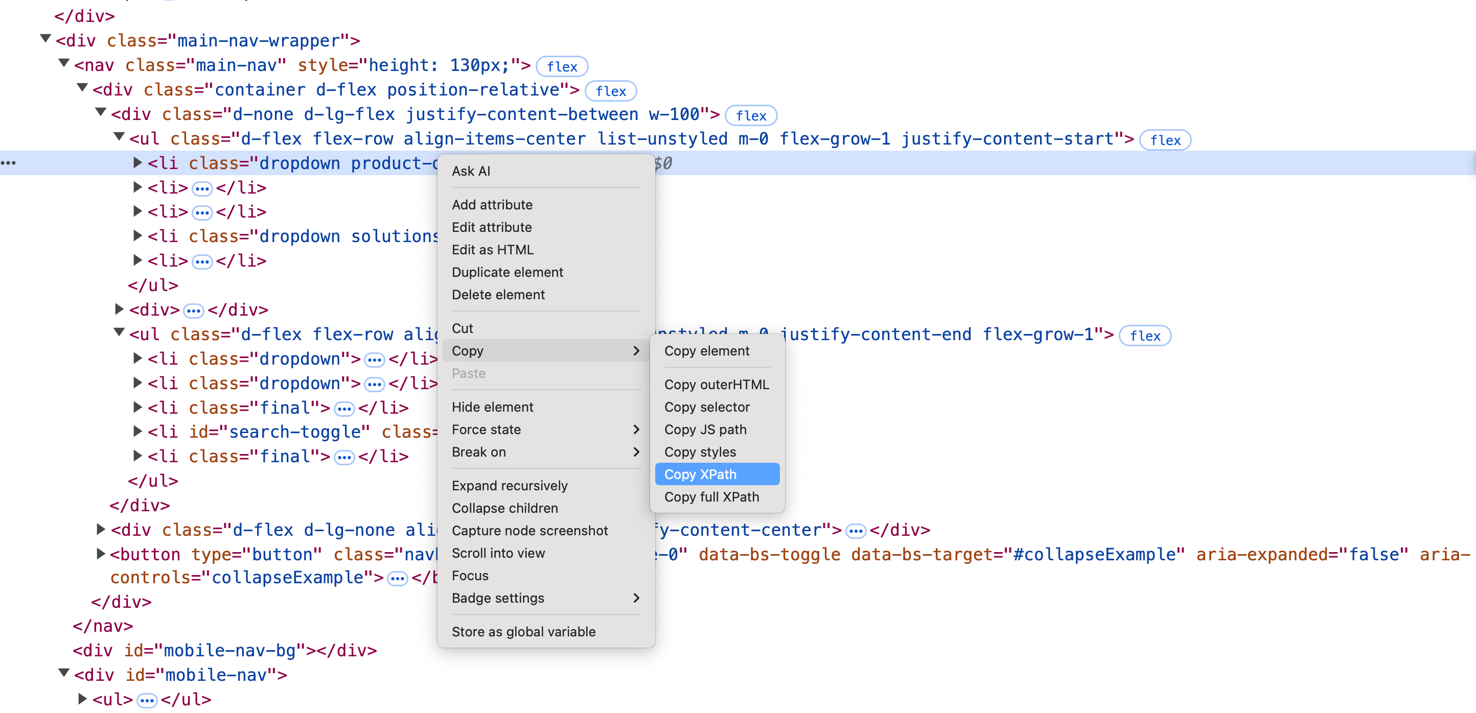 The right-click menu for an element in Chrome DevTools, with options to copy the element's xPath or selector displayed.