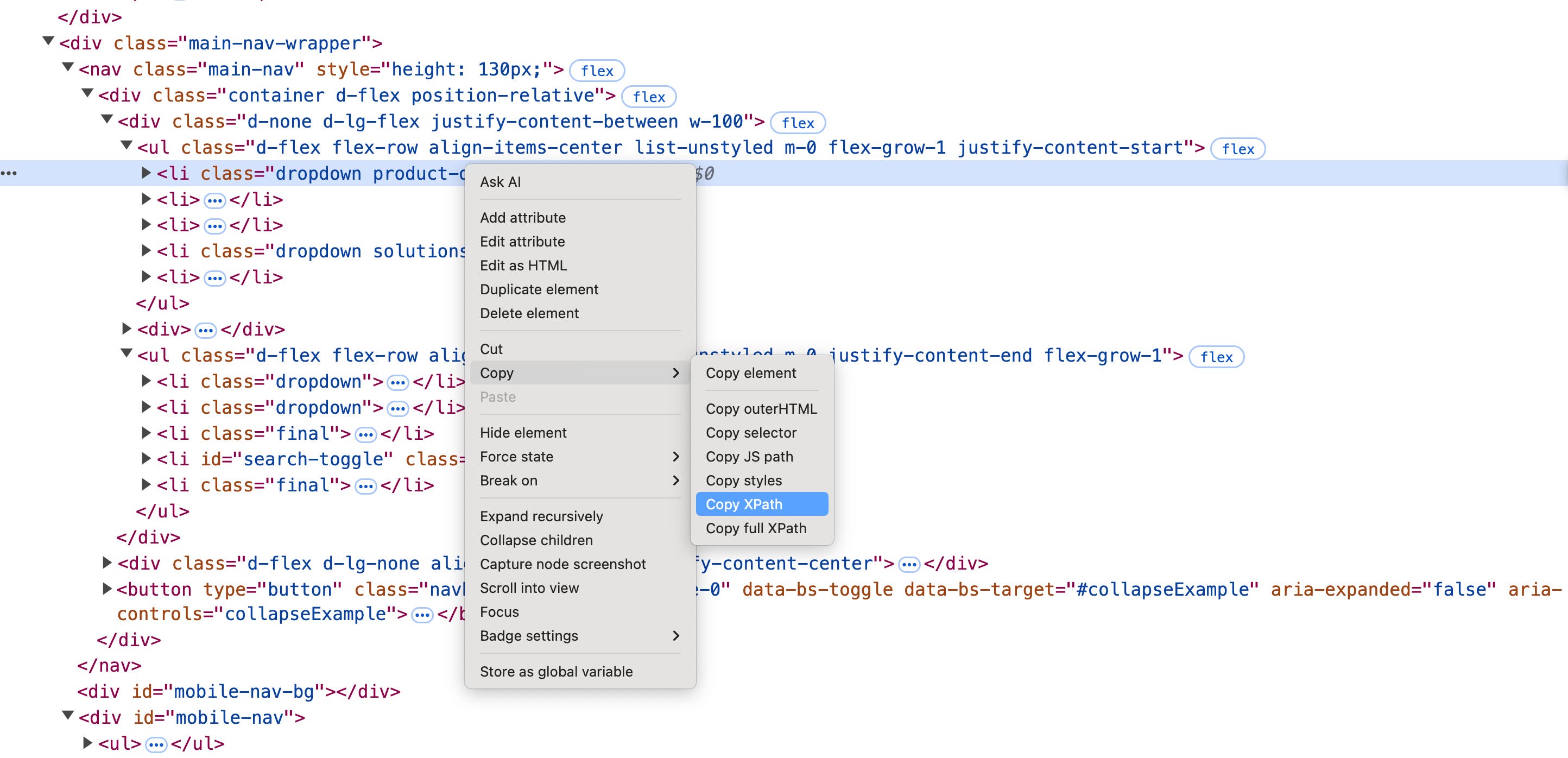 The right-click menu for an element in Chrome DevTools, with options to copy the element's xPath or selector displayed. The right-click menu for an element in Chrome DevTools, with options to copy the element's xPath or selector displayed.