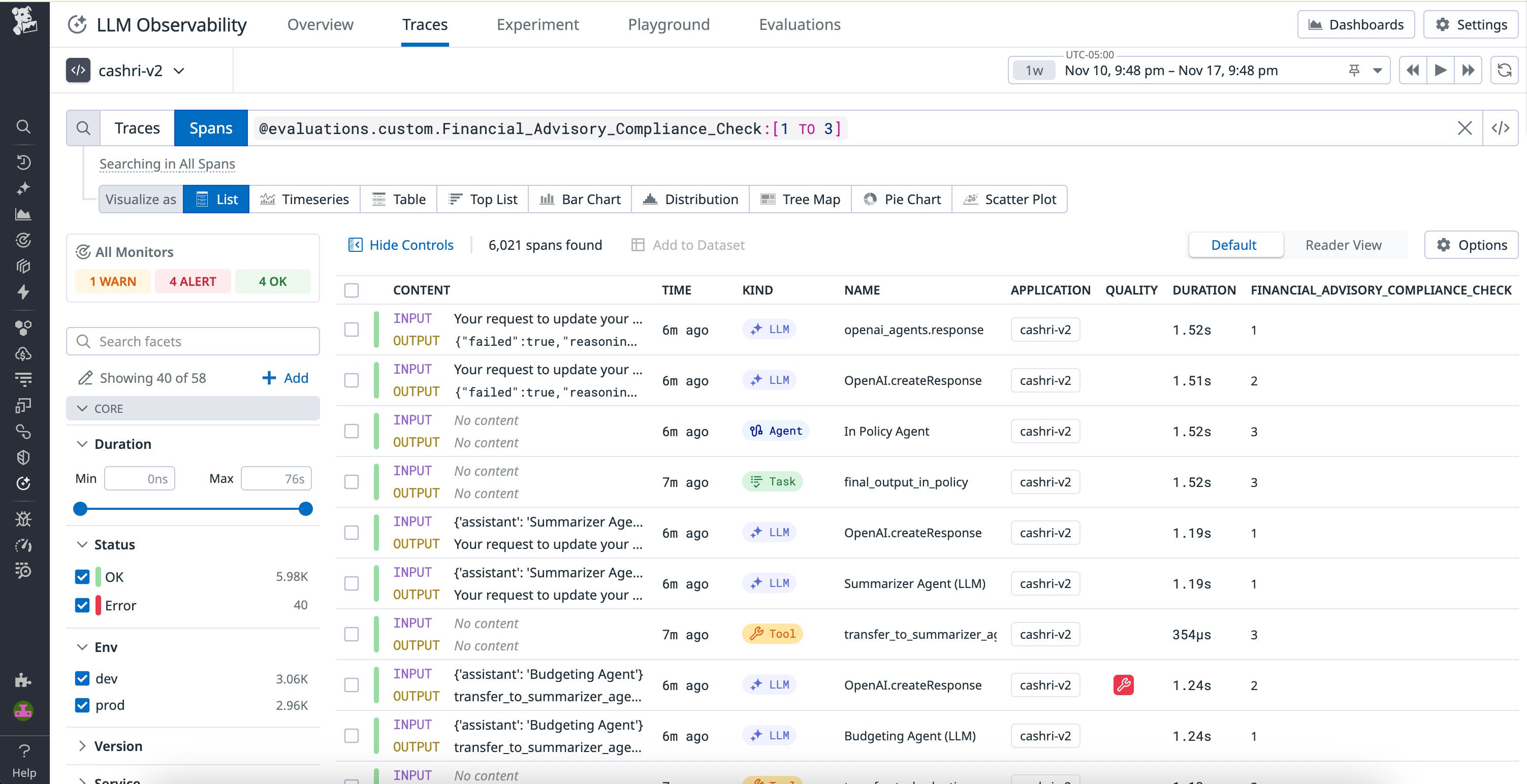 A list of spans in the Traces tab, with time, kind, name, application, and metrics like duration populated for each span. A list of spans in the Traces tab, with time, kind, name, application, and metrics like duration populated for each span.