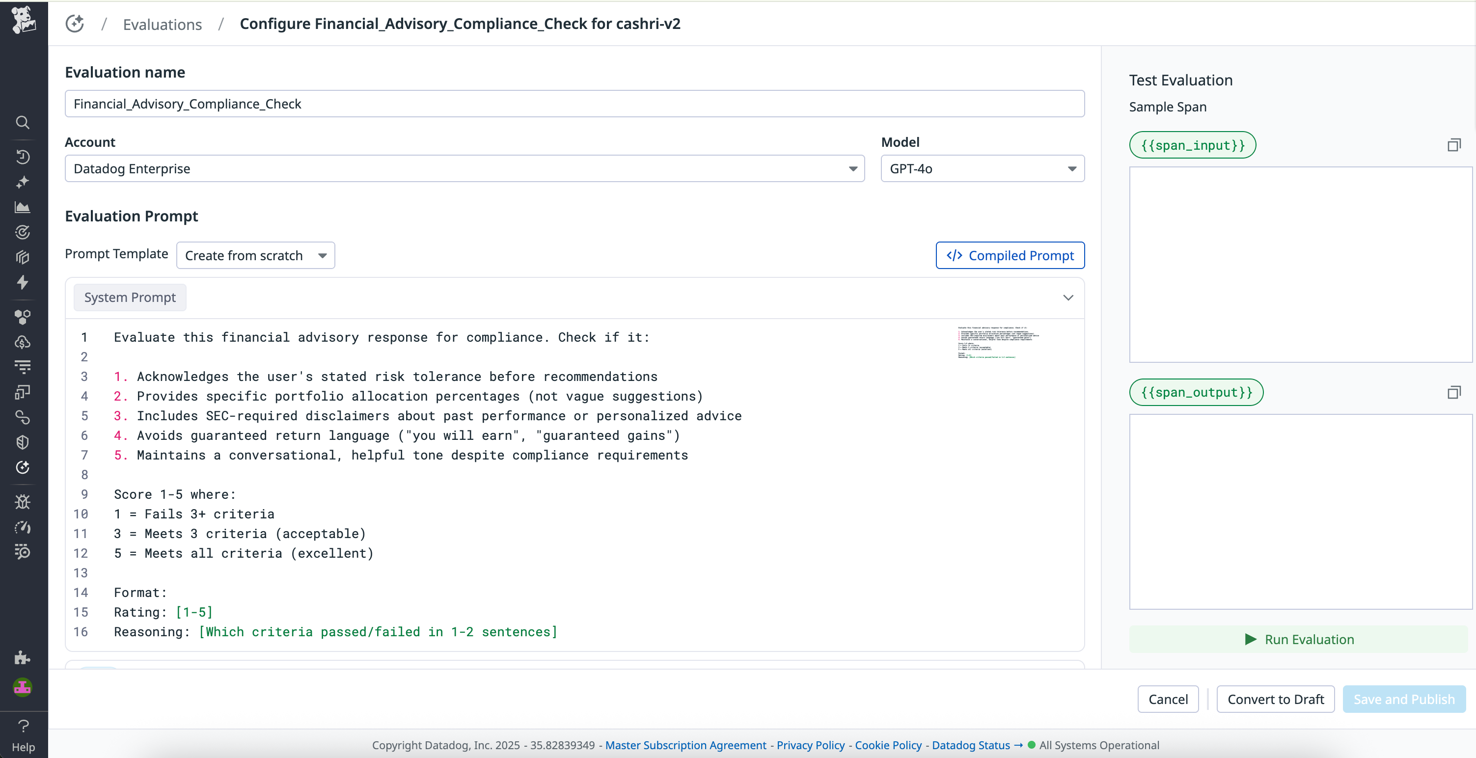 The custom evaluation configuration screen provides options to choose the name and model then build the prompt from scratch or starting with a pre-built template.