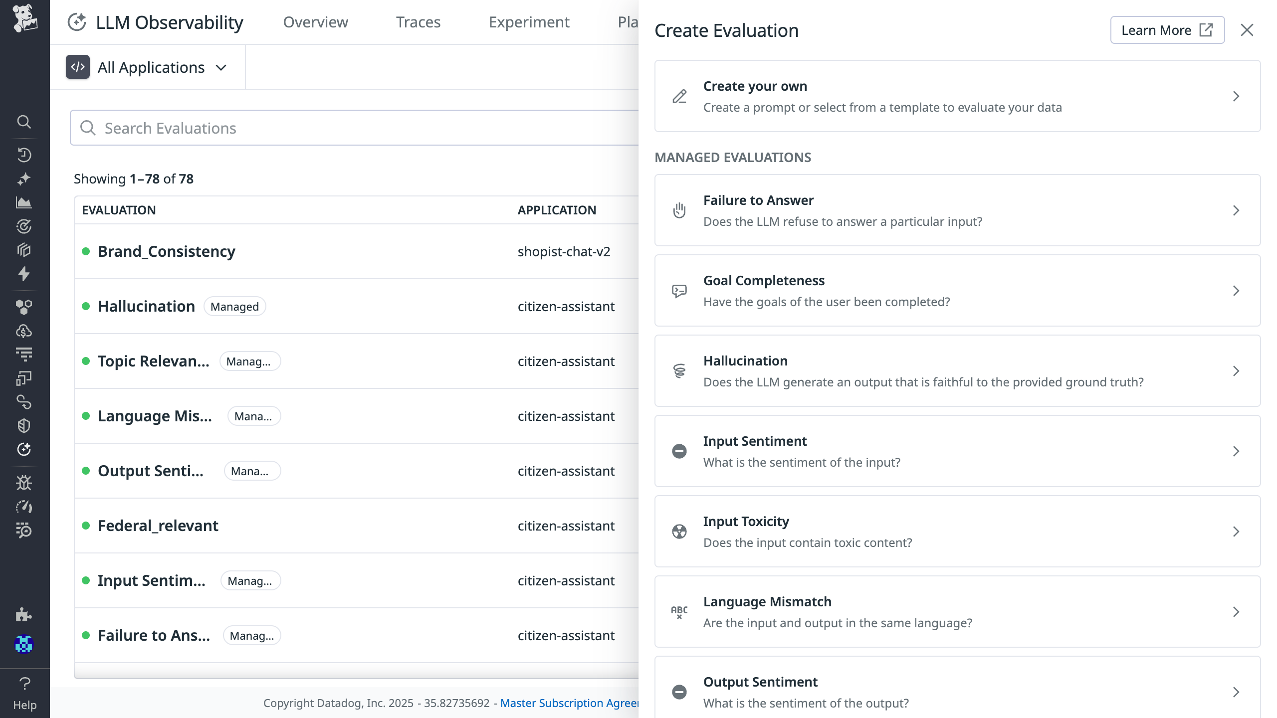 A list of evaluations including brand consistency and hallucination, with a panel titled “Create Evaluation” showing options to create your own.