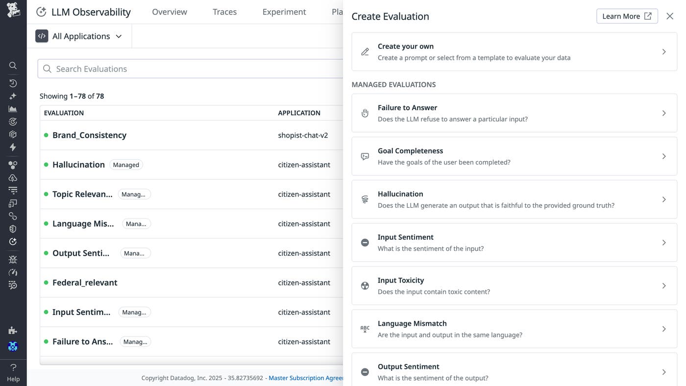 A list of evaluations including brand consistency and hallucination, with a panel titled “Create Evaluation” showing options to create your own. A list of evaluations including brand consistency and hallucination, with a panel titled “Create Evaluation” showing options to create your own.