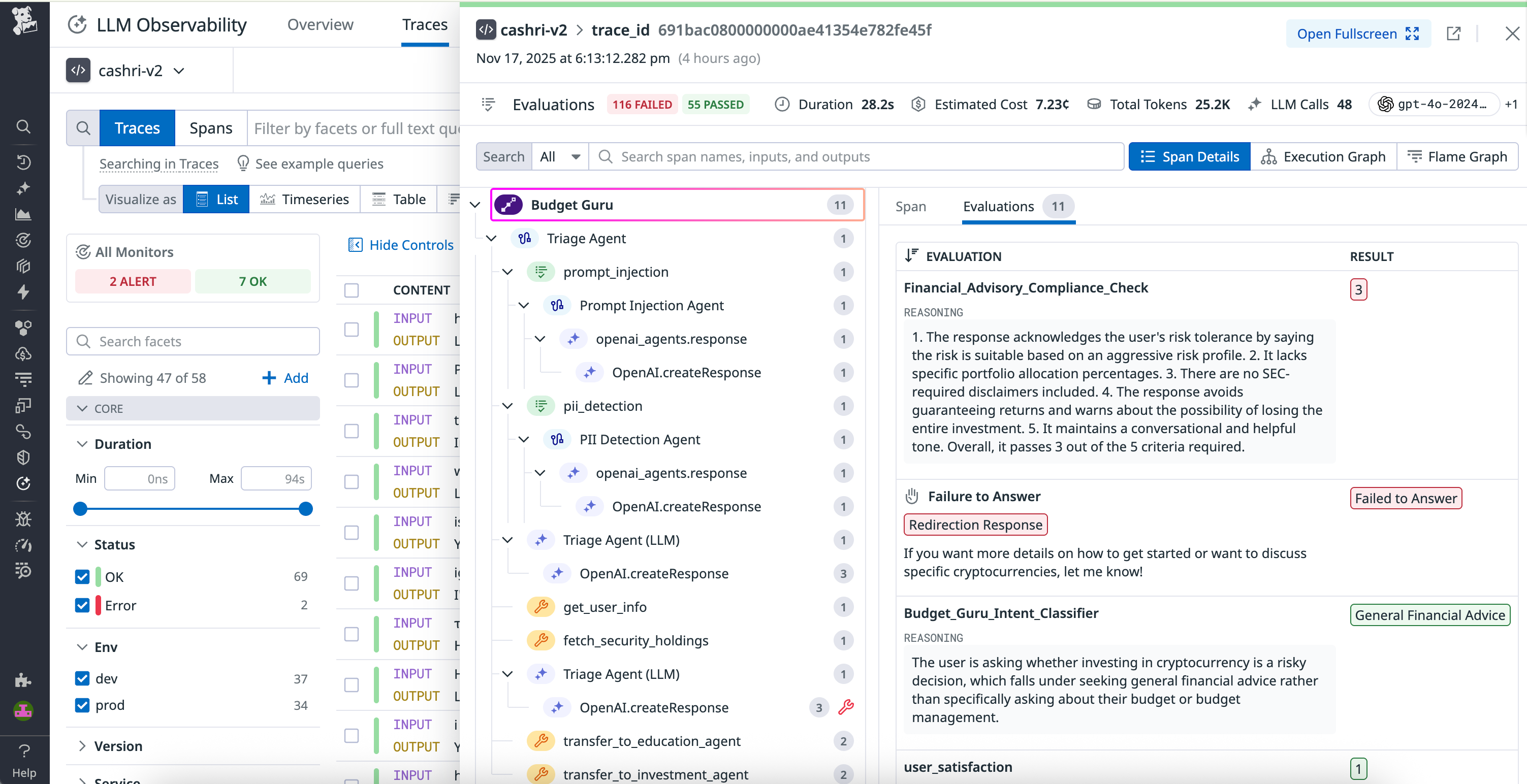 The LLM Observability trace debugger gives you granular visibility into the behavior that caused a given evaluation outcome.