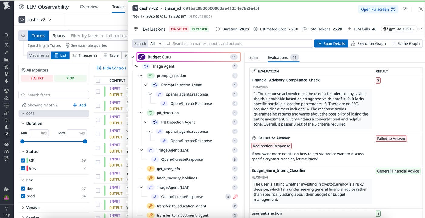The LLM Observability trace debugger gives you granular visibility into the behavior that caused a given evaluation outcome. The LLM Observability trace debugger gives you granular visibility into the behavior that caused a given evaluation outcome.