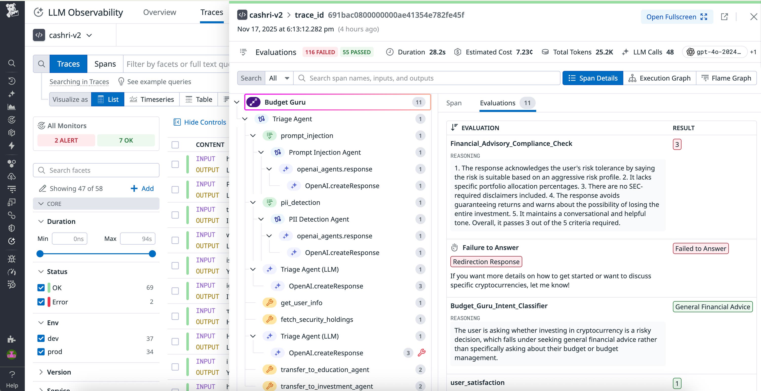 The LLM Observability trace debugger gives you granular visibility into the behavior that caused a given evaluation outcome. The LLM Observability trace debugger gives you granular visibility into the behavior that caused a given evaluation outcome.