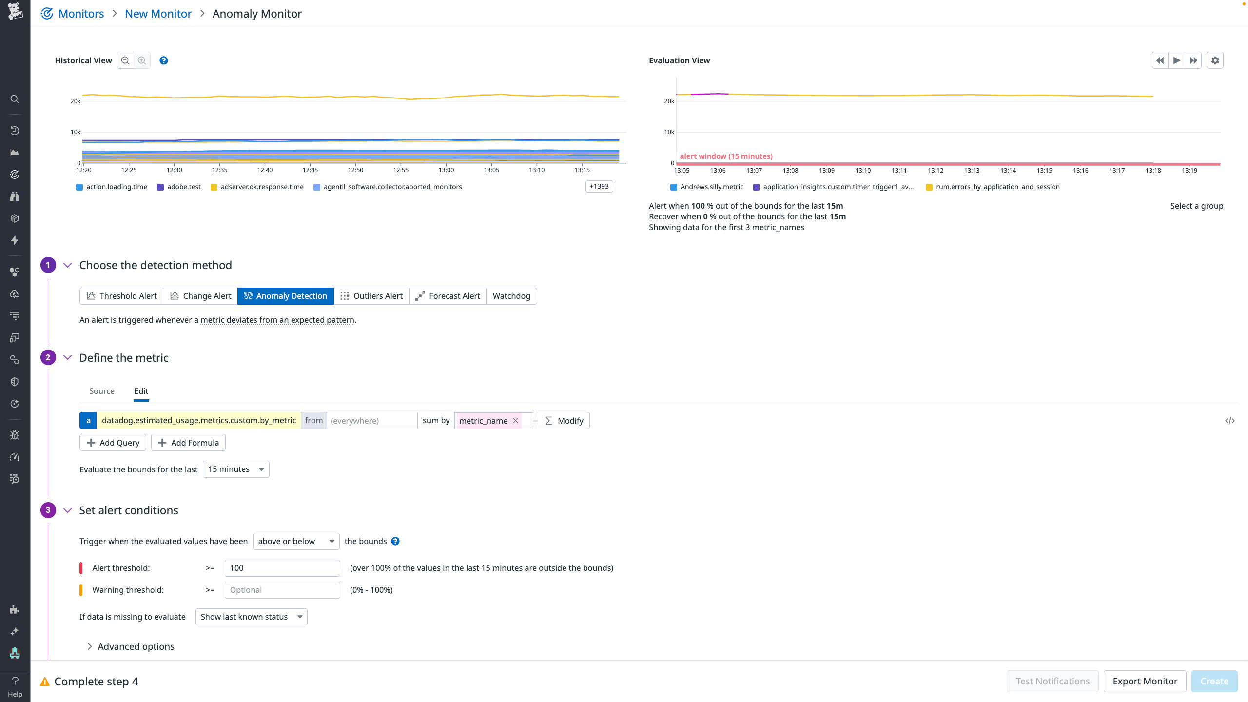 Datadog anomaly monitor setup with anomaly detection method and alert conditions configuration.