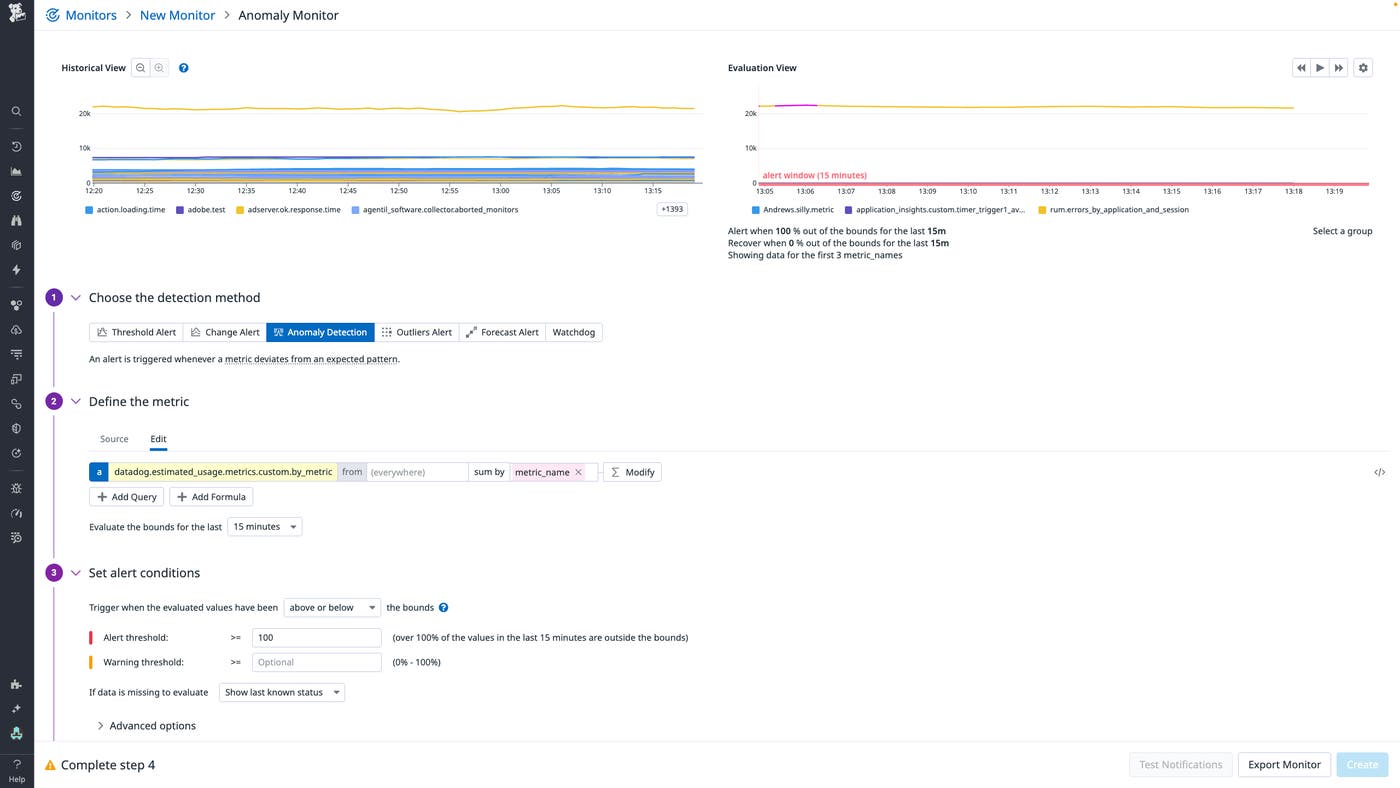 Datadog anomaly monitor setup with anomaly detection method and alert conditions configuration. Datadog anomaly monitor setup with anomaly detection method and alert conditions configuration.