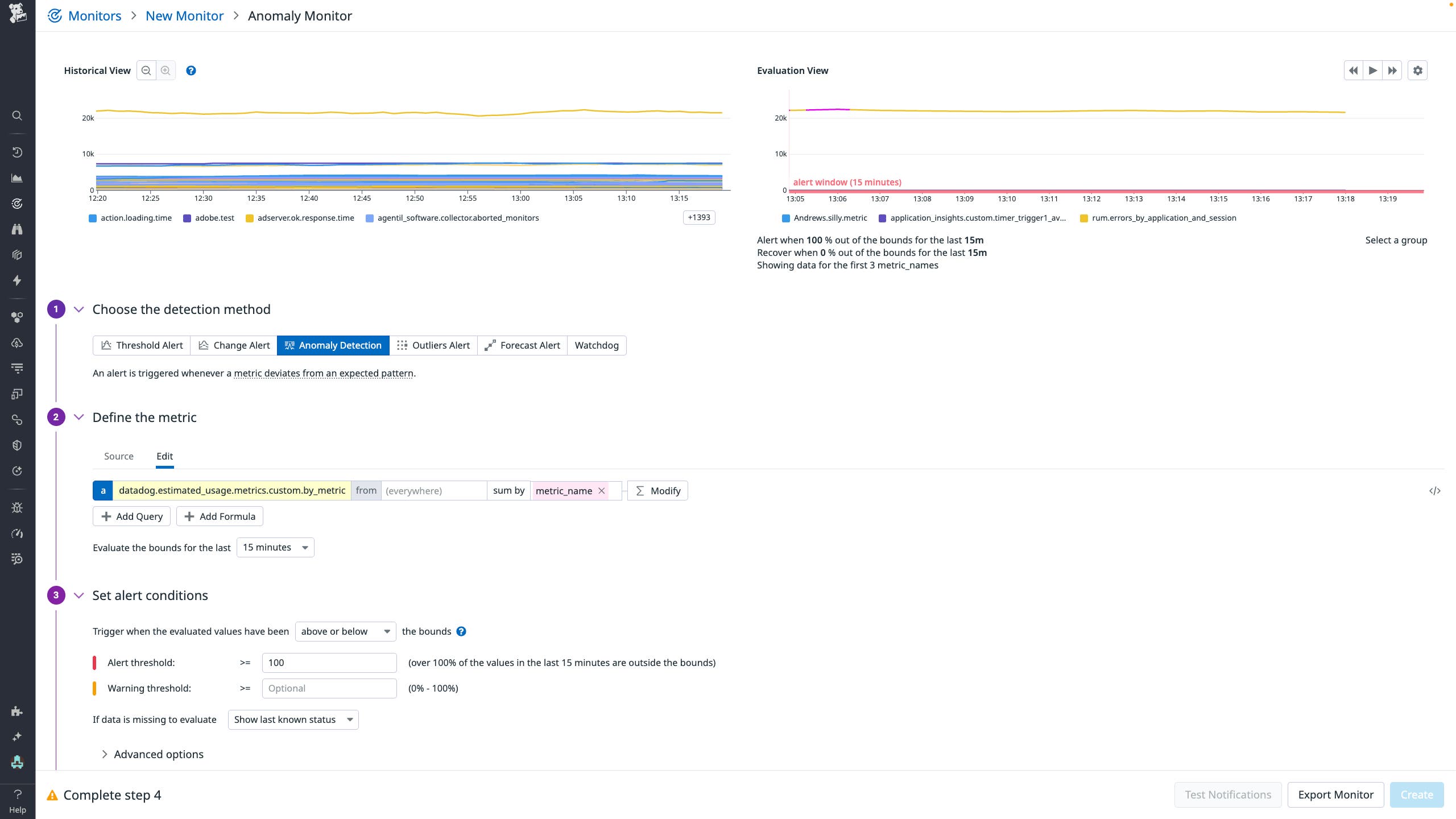 Datadog anomaly monitor setup with anomaly detection method and alert conditions configuration. Datadog anomaly monitor setup with anomaly detection method and alert conditions configuration.