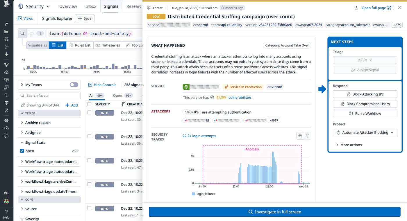 A screenshot of a security signal in Datadog highlighting a distributed credential stuffing campaign. A screenshot of a security signal in Datadog highlighting a distributed credential stuffing campaign.