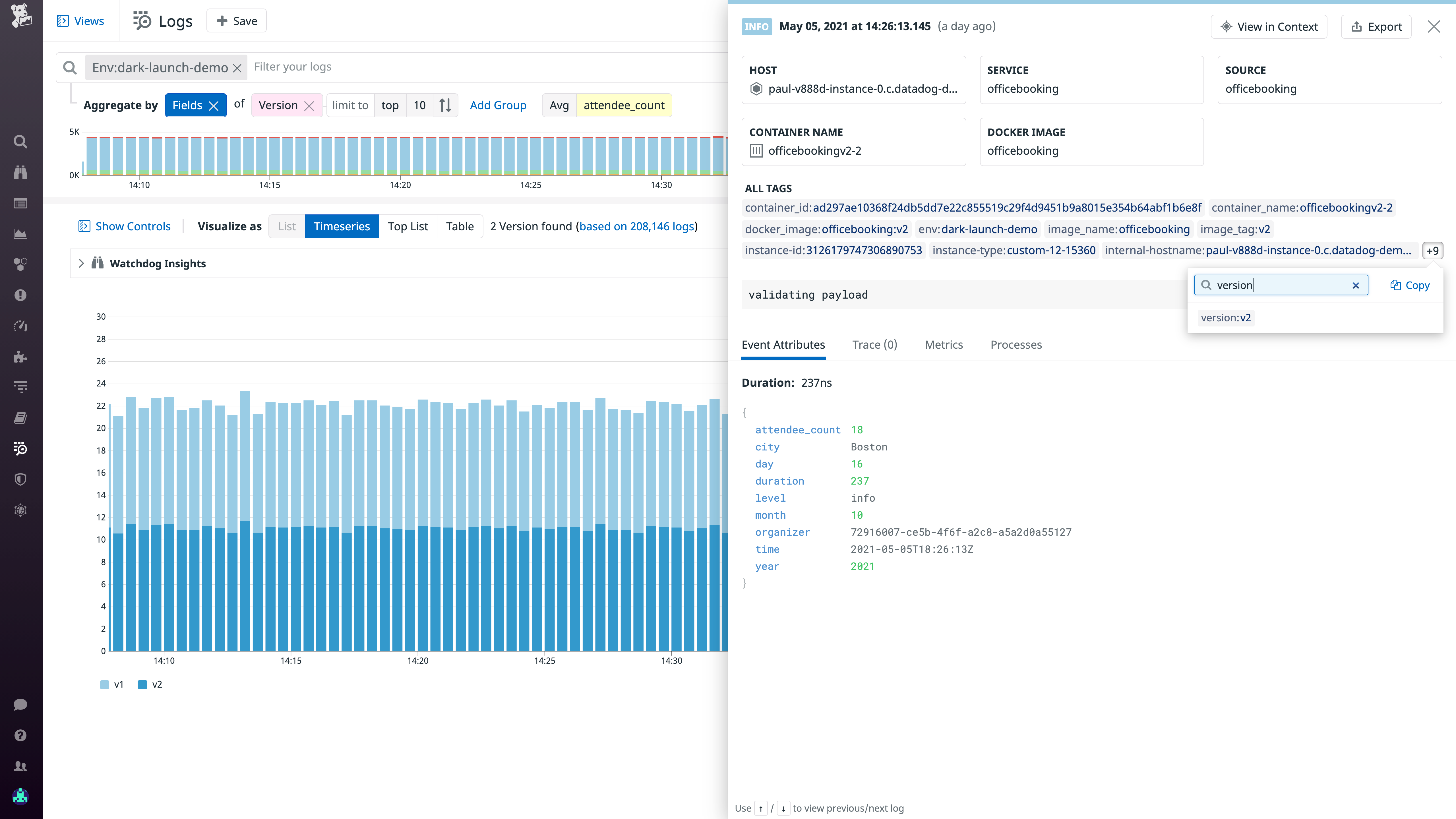 The Log Analytics view for the released service and dark launch.