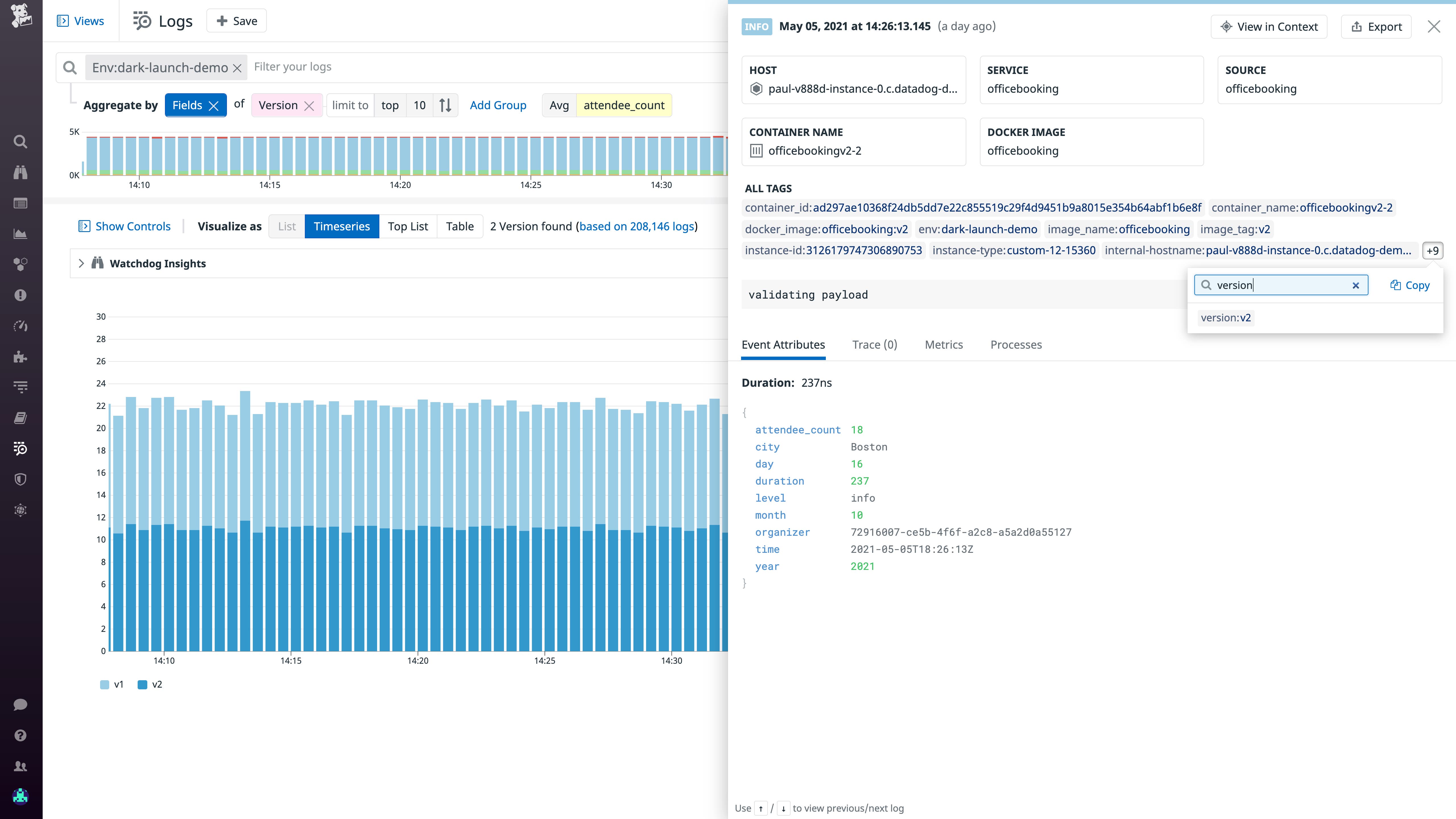 The Log Analytics view for the released service and dark launch. The Log Analytics view for the released service and dark launch.