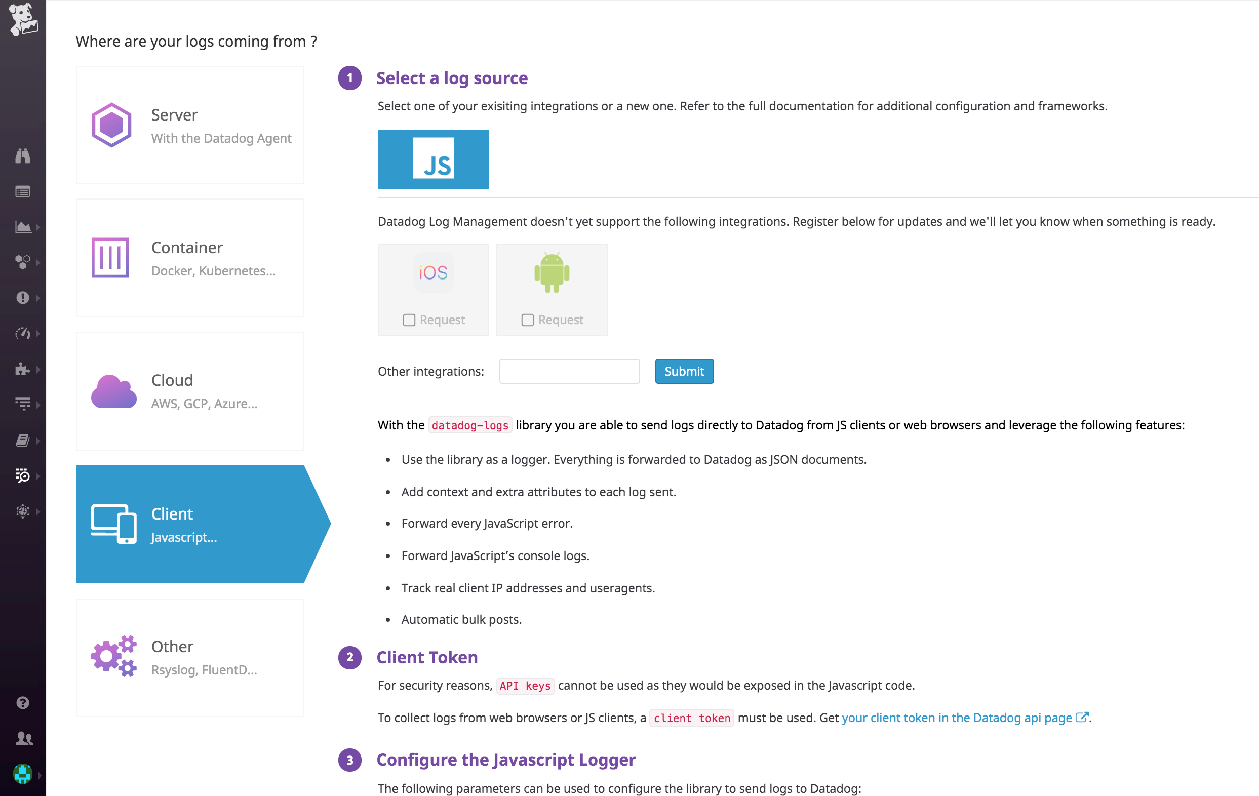 send browser logs directly to Datadog with our JavaScript logging library