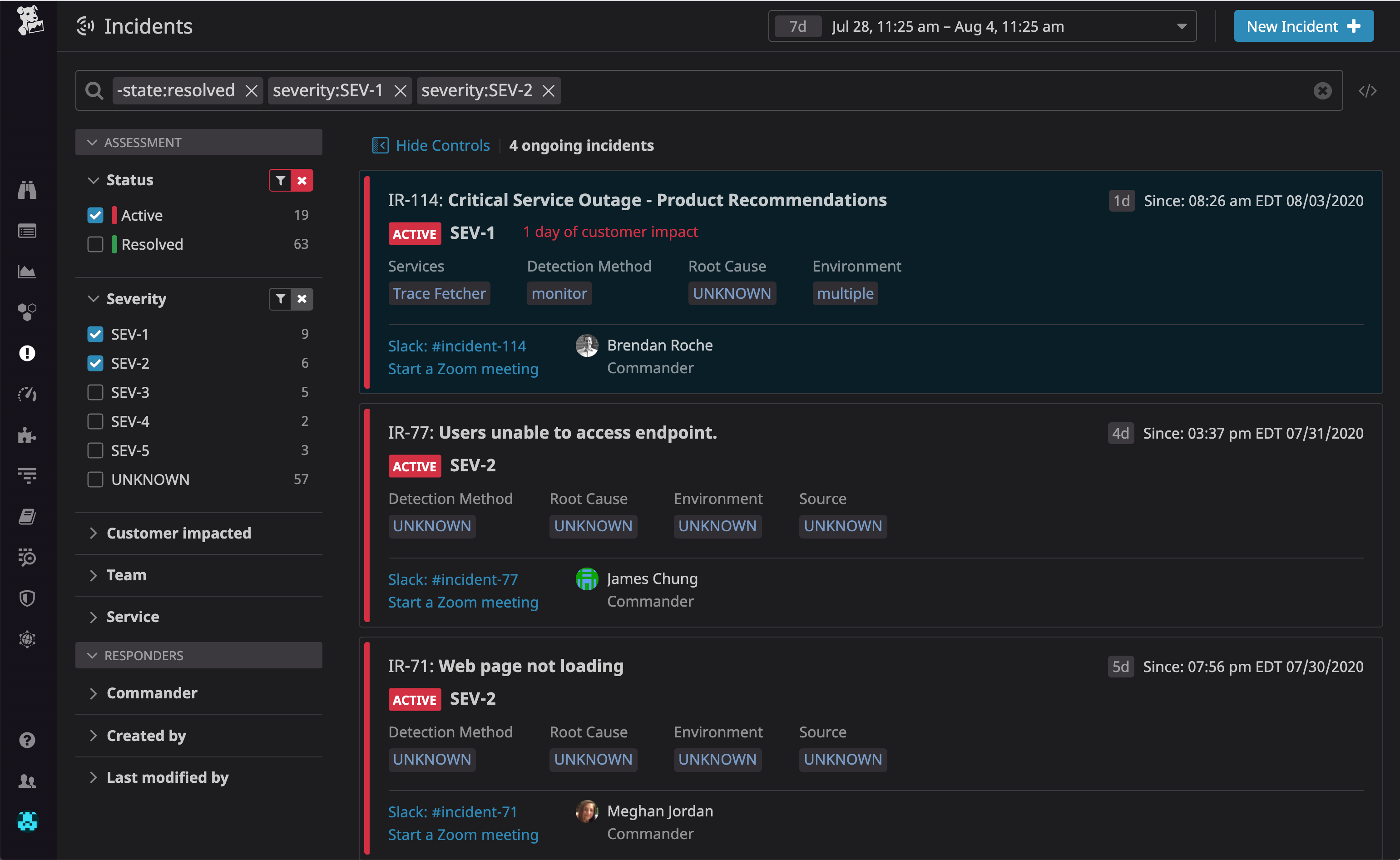 Drill down to ongoing SEV-1 and SEV-2 incidents in Datadog Incident Management