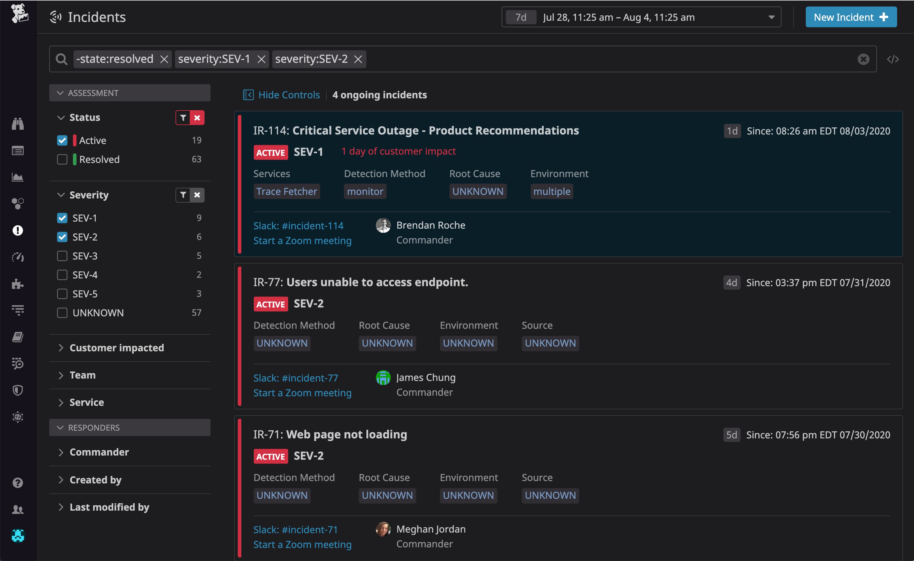 Drill down to ongoing SEV-1 and SEV-2 incidents in Datadog Incident Management Drill down to ongoing SEV-1 and SEV-2 incidents in Datadog Incident Management