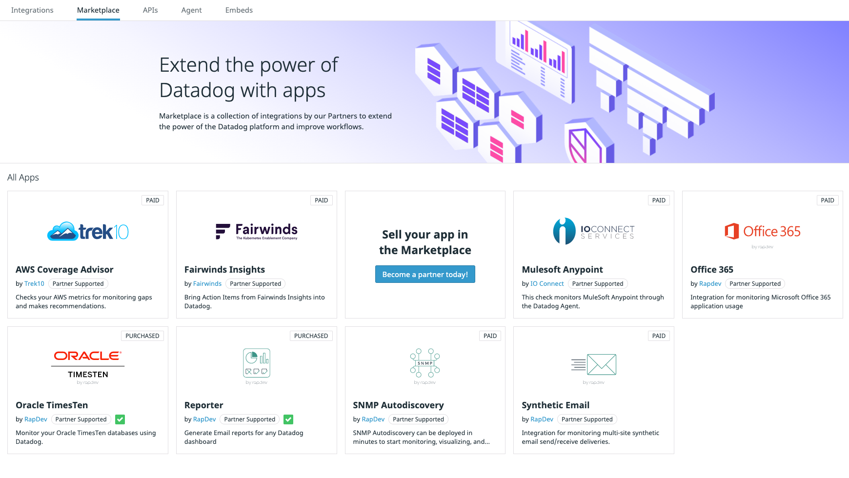 Datadog Partners can use Marketplace to build custom applications and offer them to their own customers and the broader Datadog community.