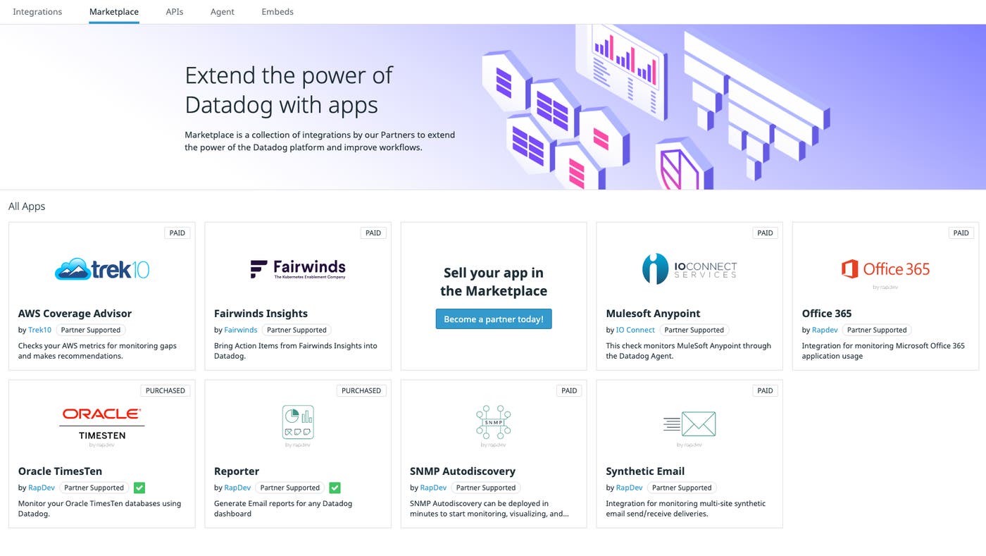 Datadog Partners can use Marketplace to build custom applications and offer them to their own customers and the broader Datadog community. Datadog Partners can use Marketplace to build custom applications and offer them to their own customers and the broader Datadog community.