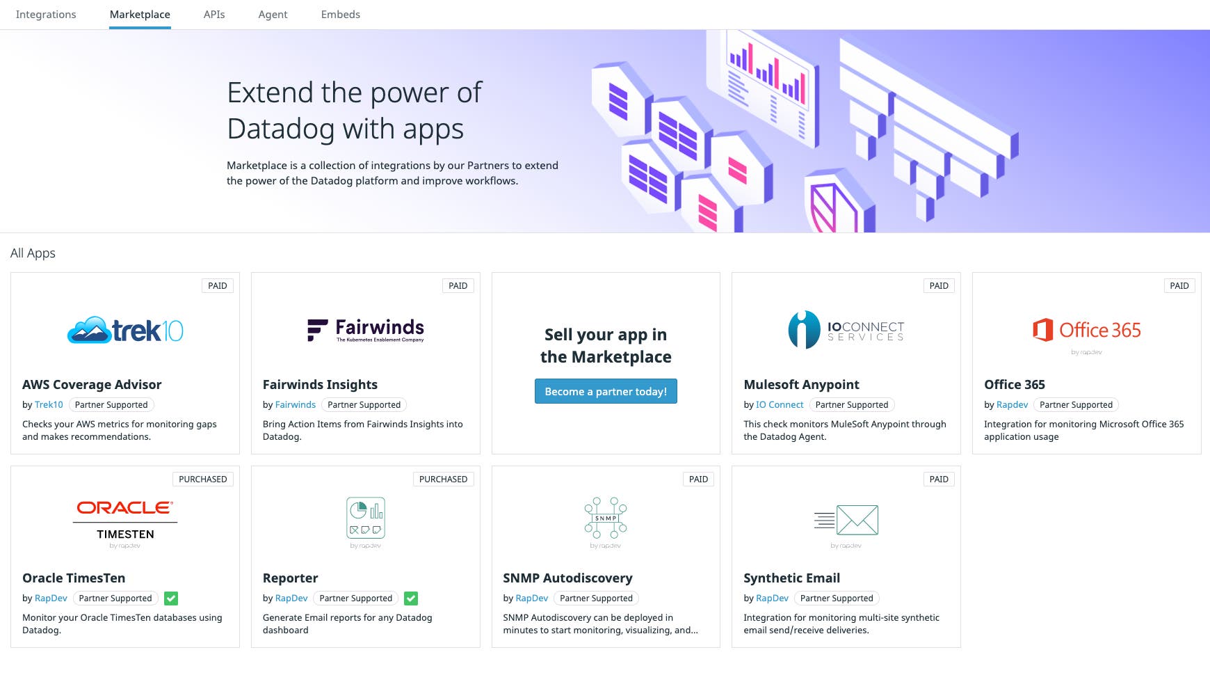 Datadog Partners can use Marketplace to build custom applications and offer them to their own customers and the broader Datadog community. Datadog Partners can use Marketplace to build custom applications and offer them to their own customers and the broader Datadog community.