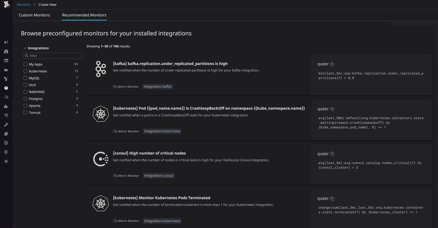 Datadog now shows you a list suggested, preconfigured monitors that can be enabled in a single click. Datadog now shows you a list suggested, preconfigured monitors that can be enabled in a single click.