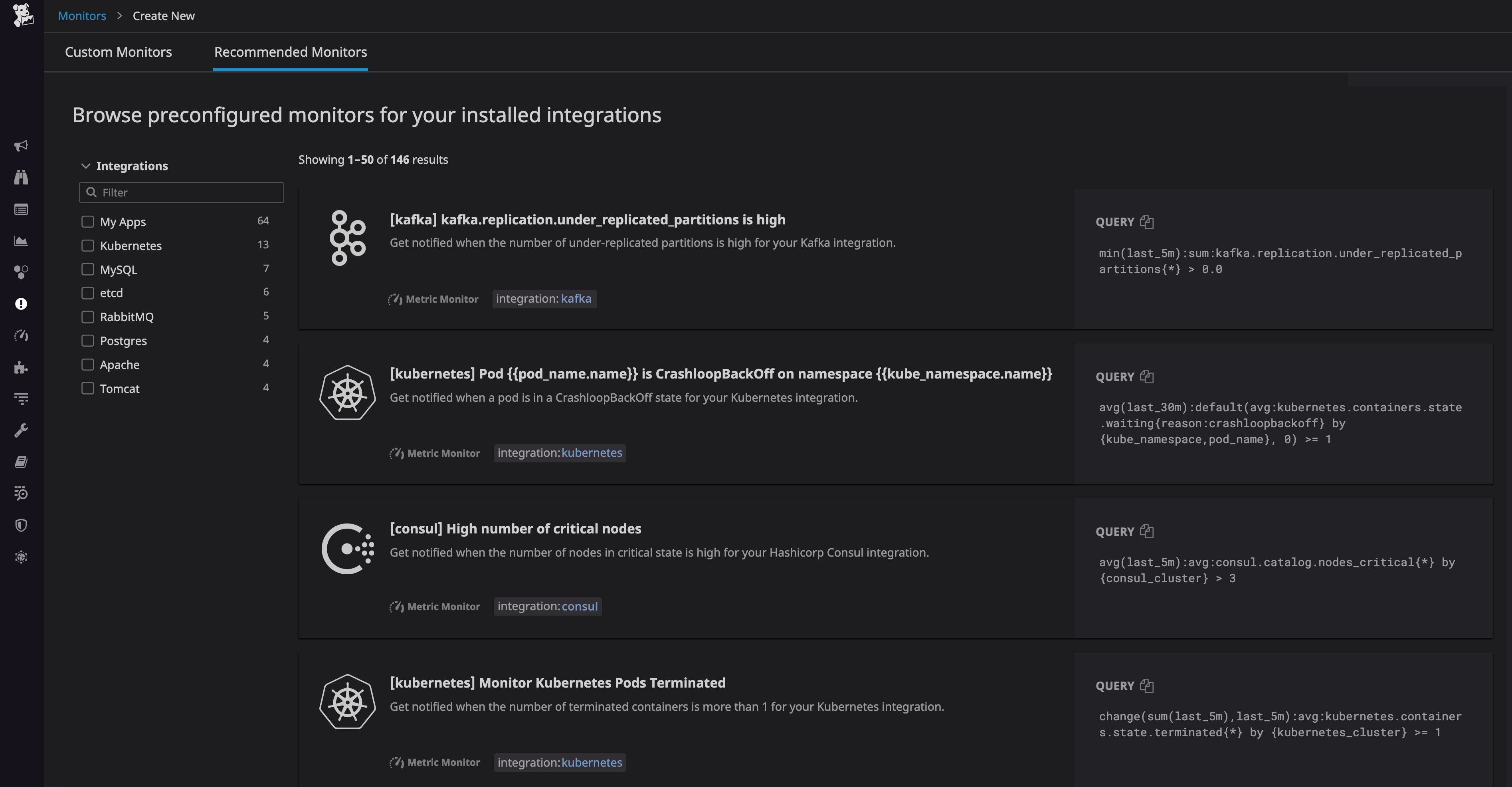 Datadog now shows you a list suggested, preconfigured monitors that can be enabled in a single click. Datadog now shows you a list suggested, preconfigured monitors that can be enabled in a single click.