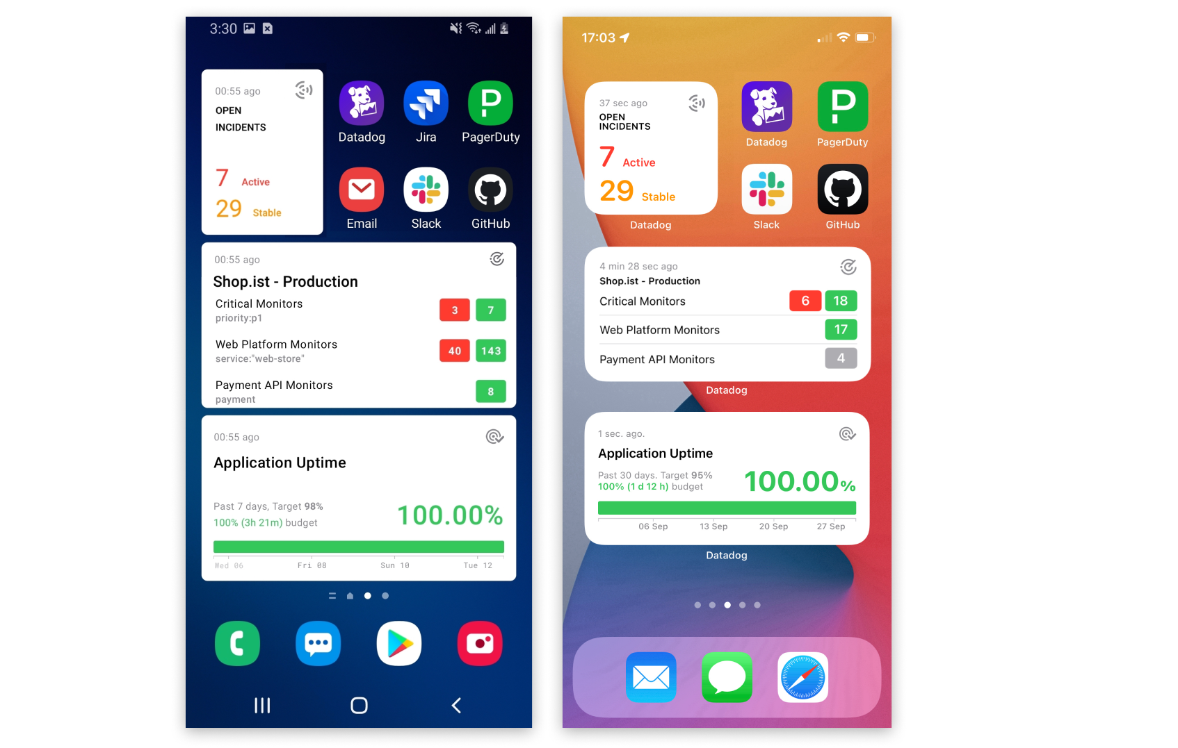 A mobile dashboard on an Android phone and one on an iPhone both show monitor widgets, SLO widgets, and icons for PagerDuty, Datadog, Slack, and GitHub apps.