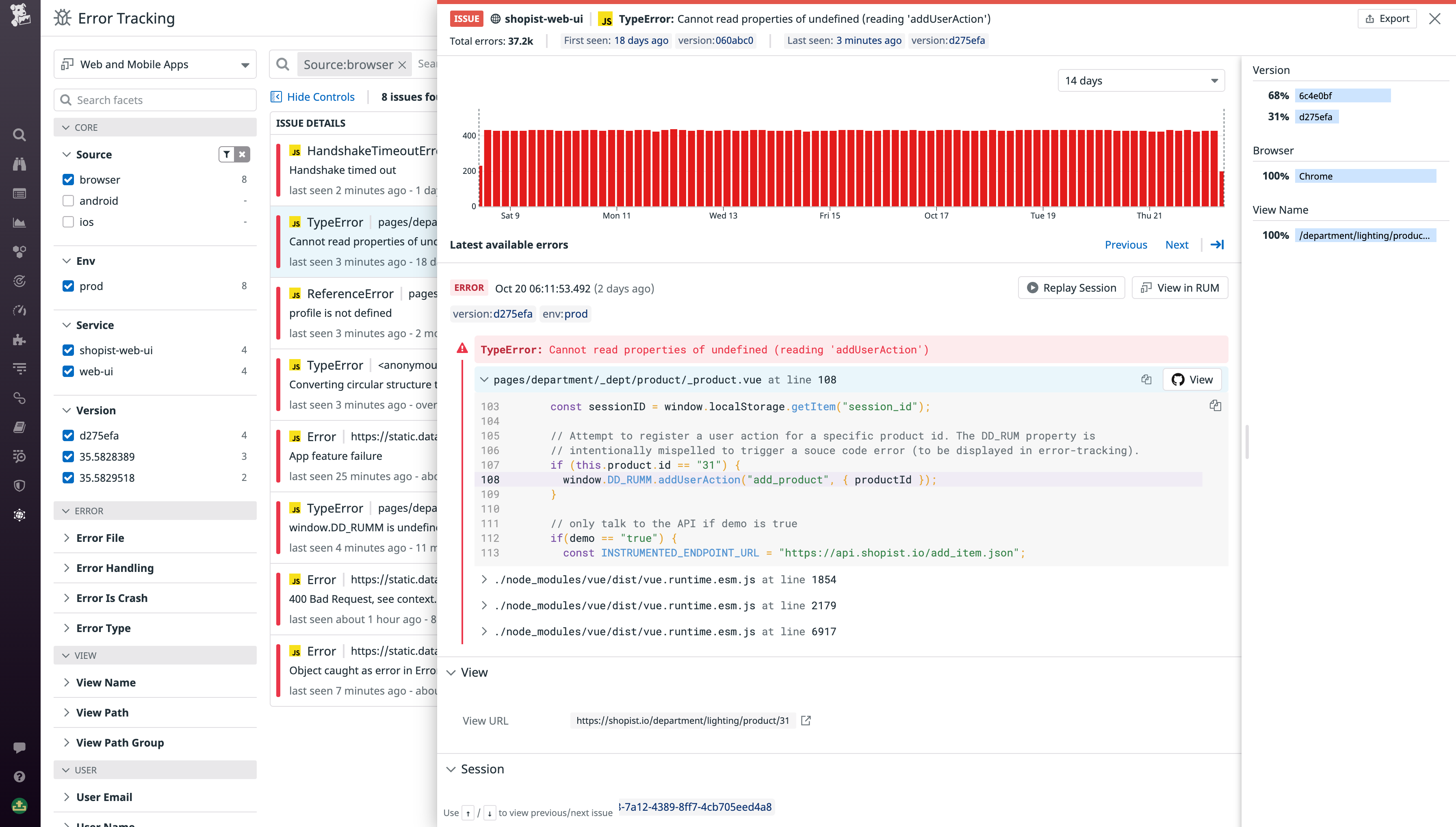 With the GitHub App enabled, you can view code excerpts directly from your repos within Error Tracking, and quickly pivot to the relevant files on GitHub.