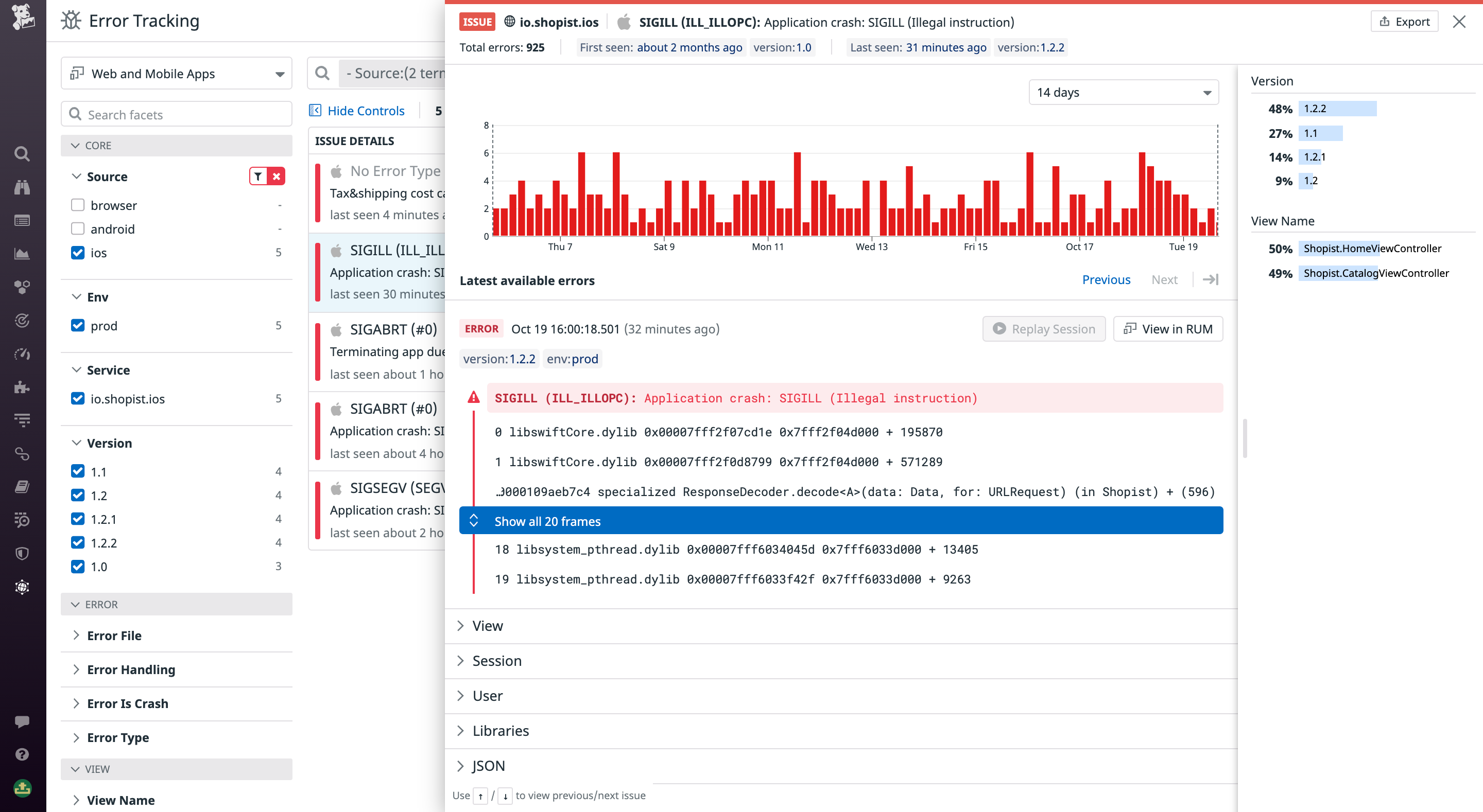 Tracking iOS crashes as issues in error tracking helps you view key debugging output and user session data from a single pane of glass.