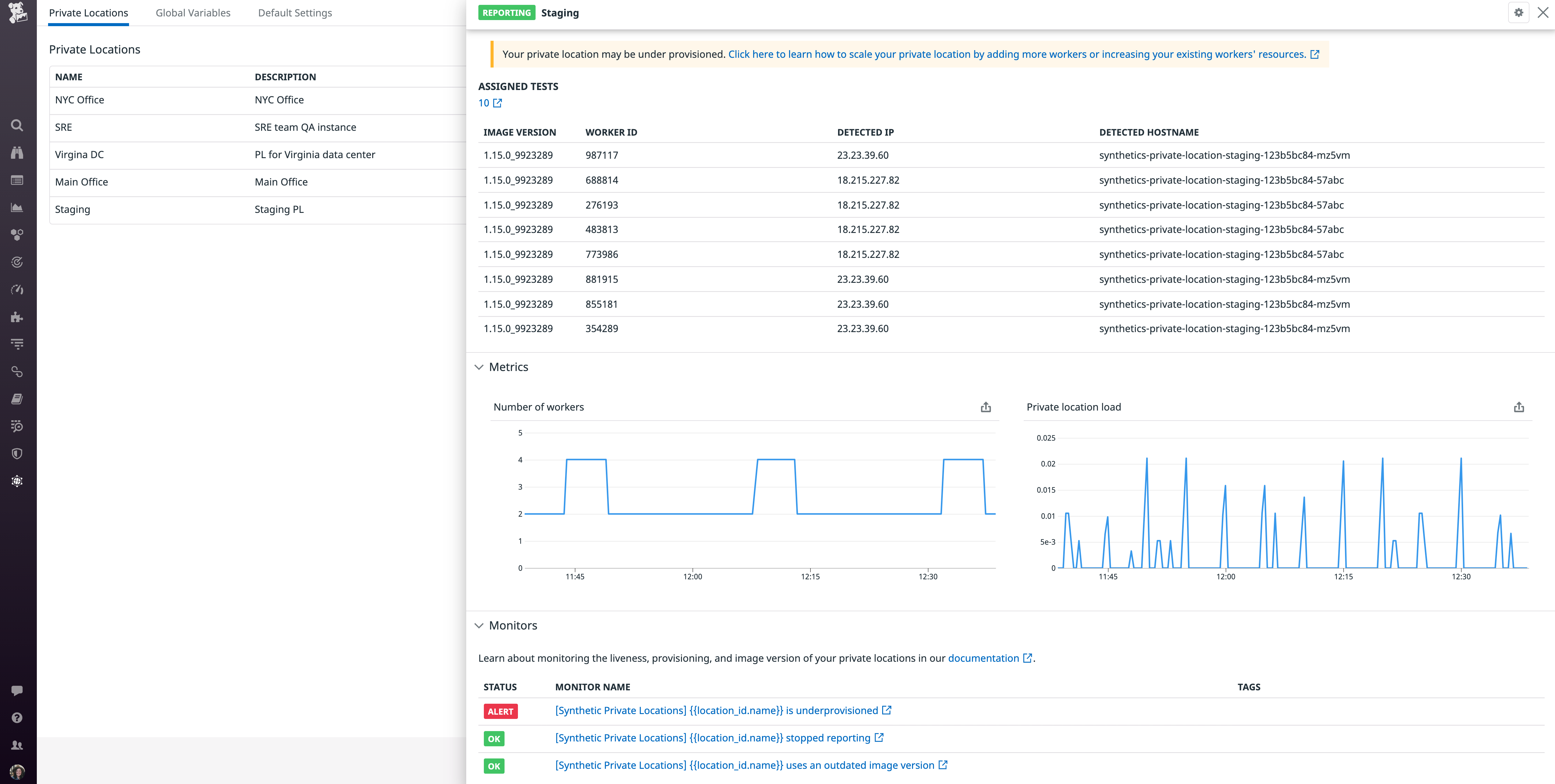 Private Locations view shows a list of tests assigned to a container, plus metrics reporting the container's load and worker count.