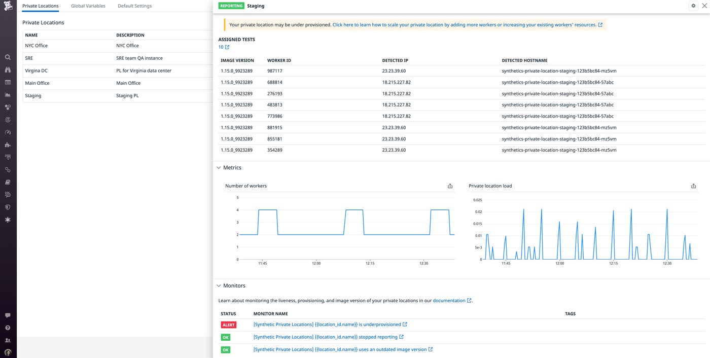 Private Locations view shows a list of tests assigned to a container, plus metrics reporting the container's load and worker count. Private Locations view shows a list of tests assigned to a container, plus metrics reporting the container's load and worker count.