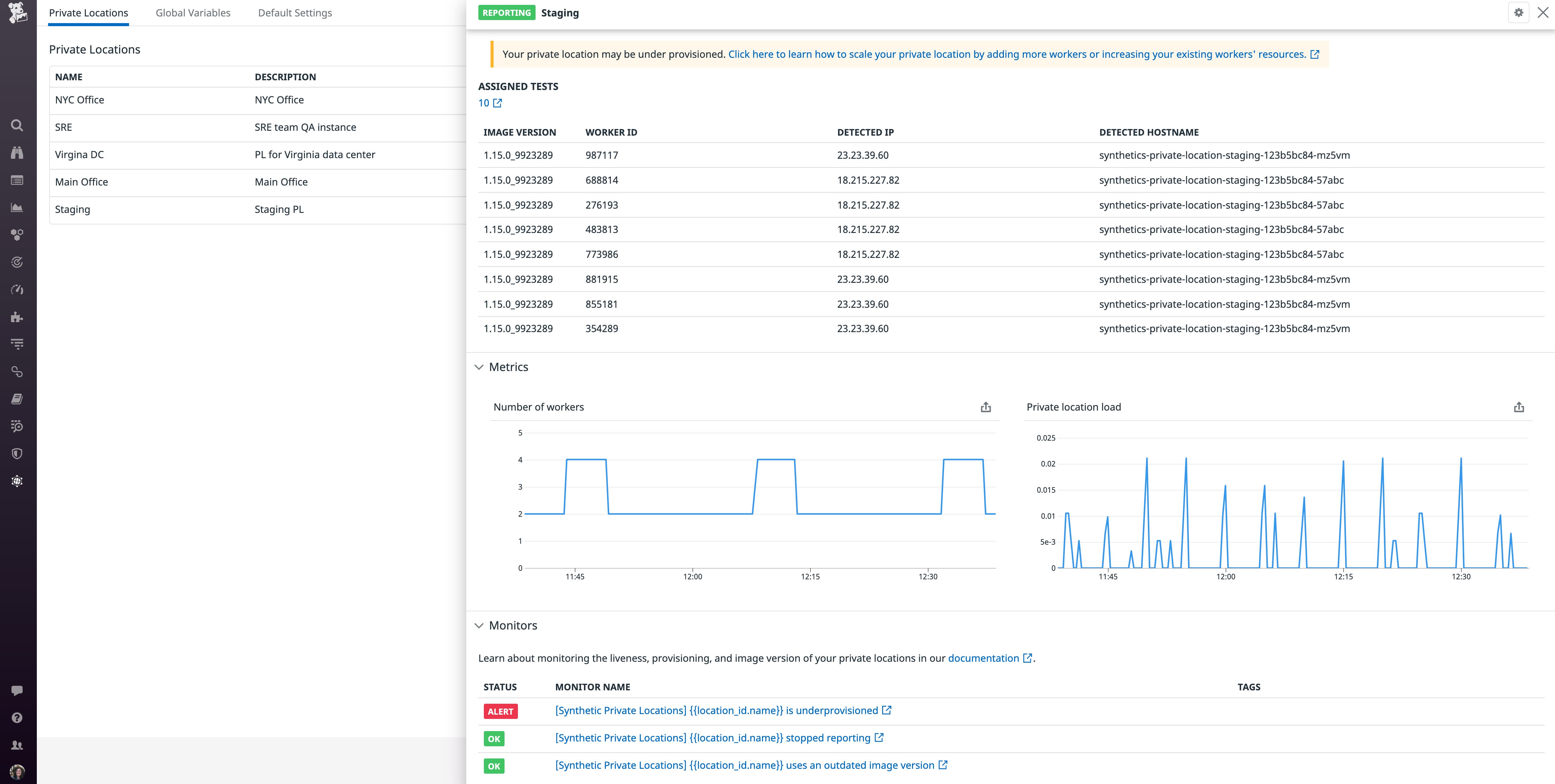 Private Locations view shows a list of tests assigned to a container, plus metrics reporting the container's load and worker count. Private Locations view shows a list of tests assigned to a container, plus metrics reporting the container's load and worker count.