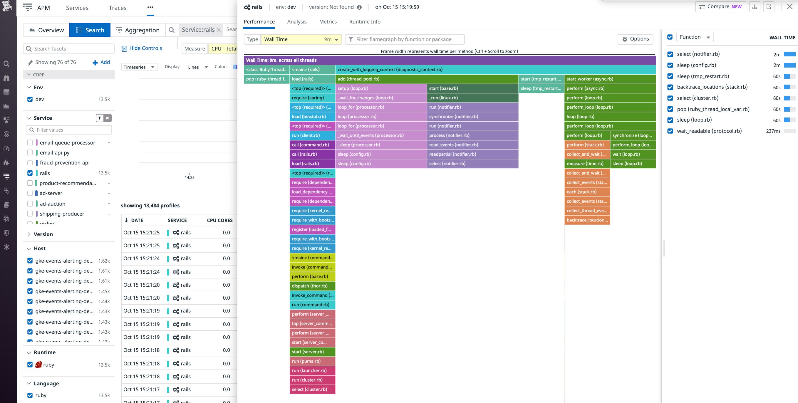 A Continuous Profiler flame graph shows functions in the sequence in which they were called and visualizes each function's resource usage. A Continuous Profiler flame graph shows functions in the sequence in which they were called and visualizes each function's resource usage.