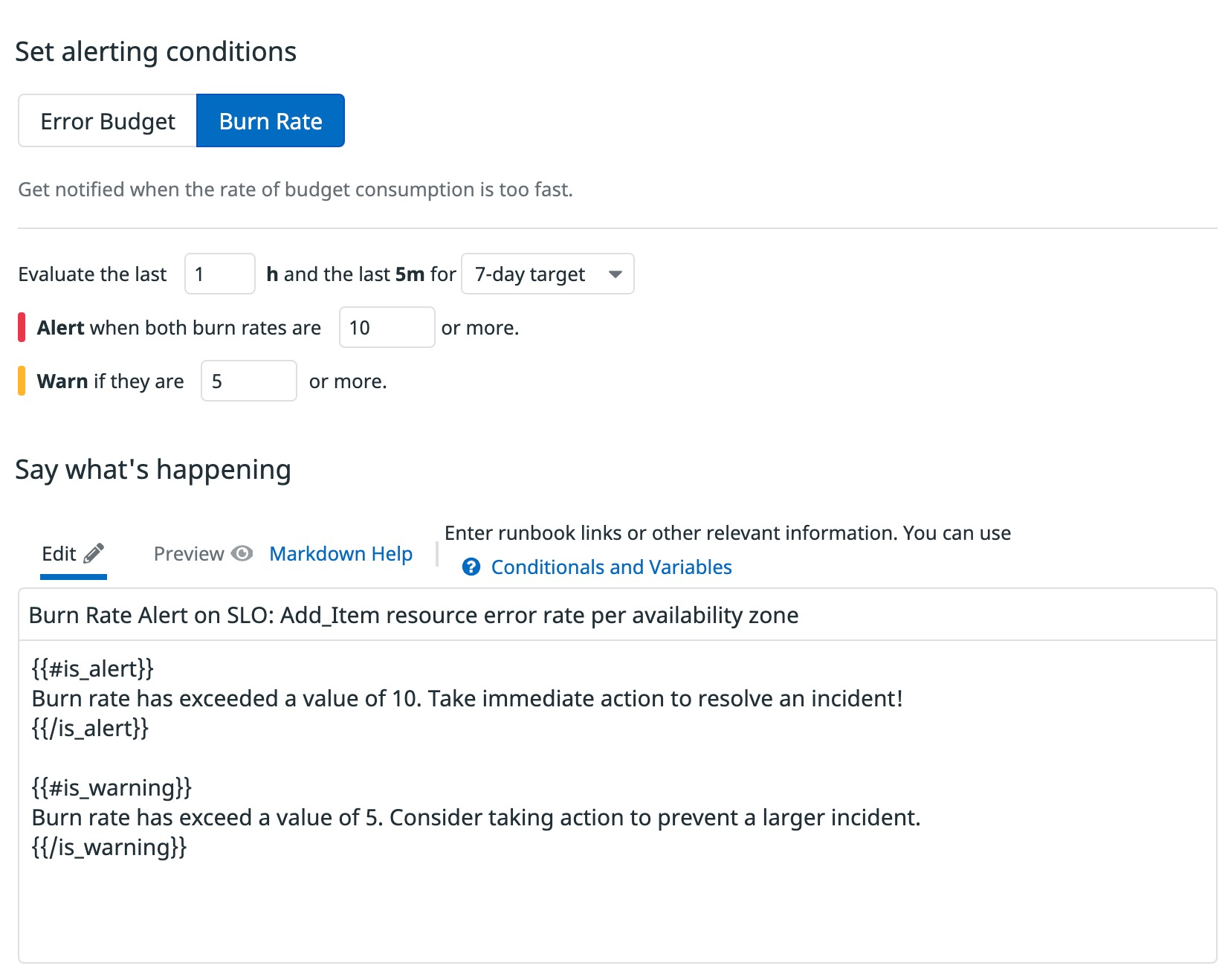A screenshot shows a form to create an SLO burn rate alert, including fields to specify the alerting window, alert threshold, warning threshold, and notification message.