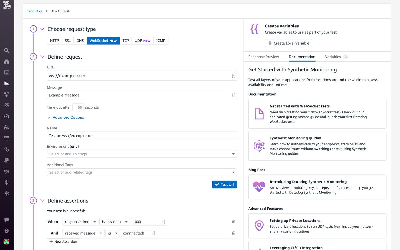 Create WebSocket and UDP tests in Datadog Synthetic Monitoring Create WebSocket and UDP tests in Datadog Synthetic Monitoring