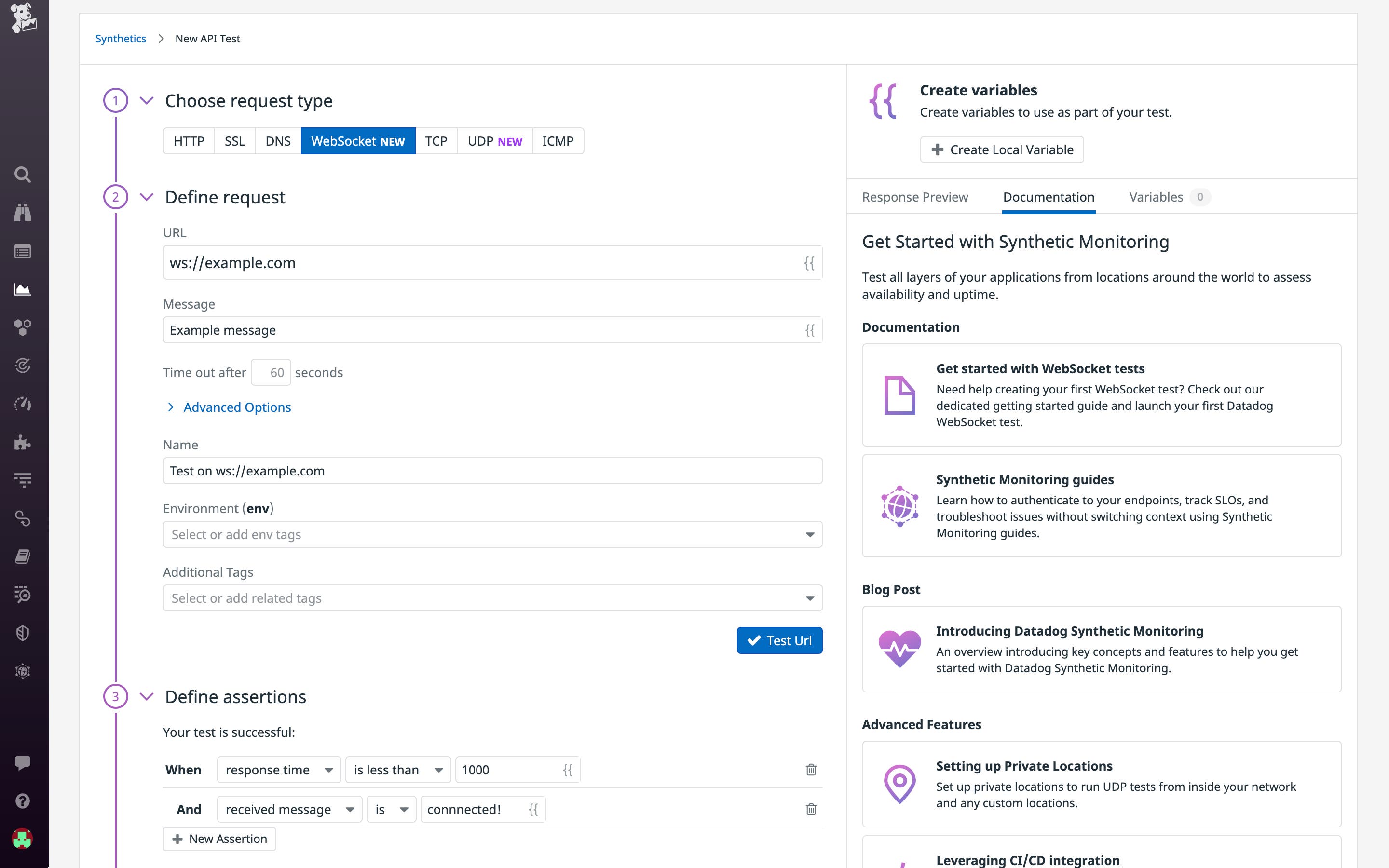 Create WebSocket and UDP tests in Datadog Synthetic Monitoring Create WebSocket and UDP tests in Datadog Synthetic Monitoring