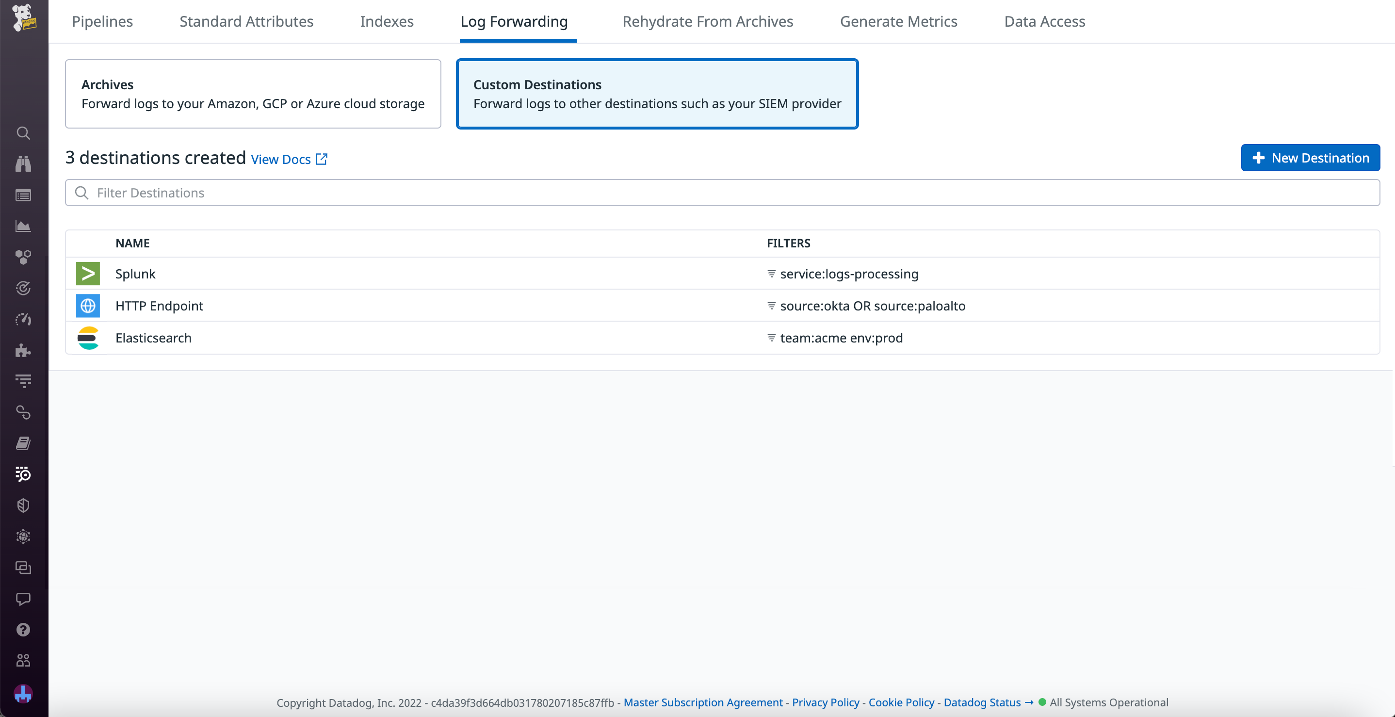 ログ転送を使用して、ログをカスタムの Splunk、Elasticsearch、または HTTP の宛先にルーティングします。