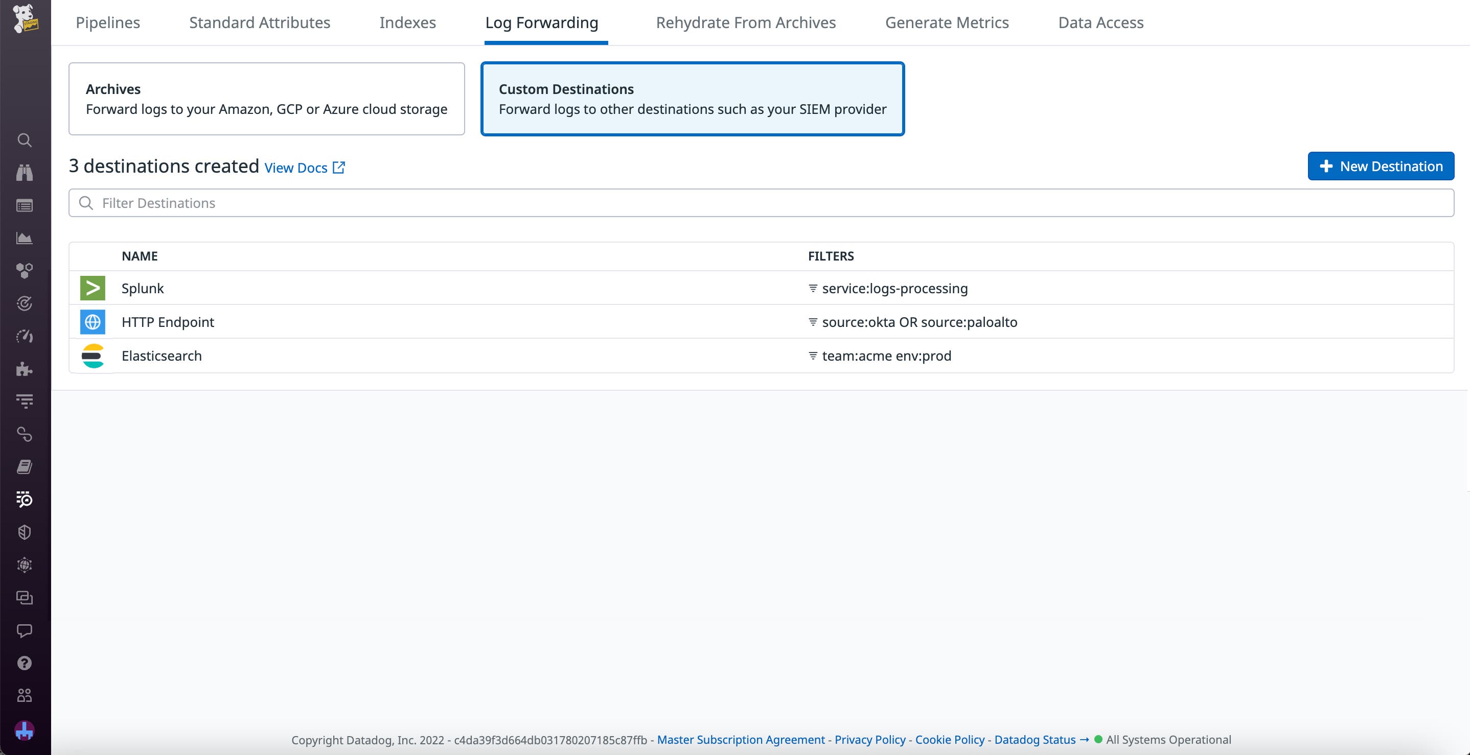 ログ転送を使用して、ログをカスタムの Splunk、Elasticsearch、または HTTP の宛先にルーティングします。 ログ転送を使用して、ログをカスタムの Splunk、Elasticsearch、または HTTP の宛先にルーティングします。