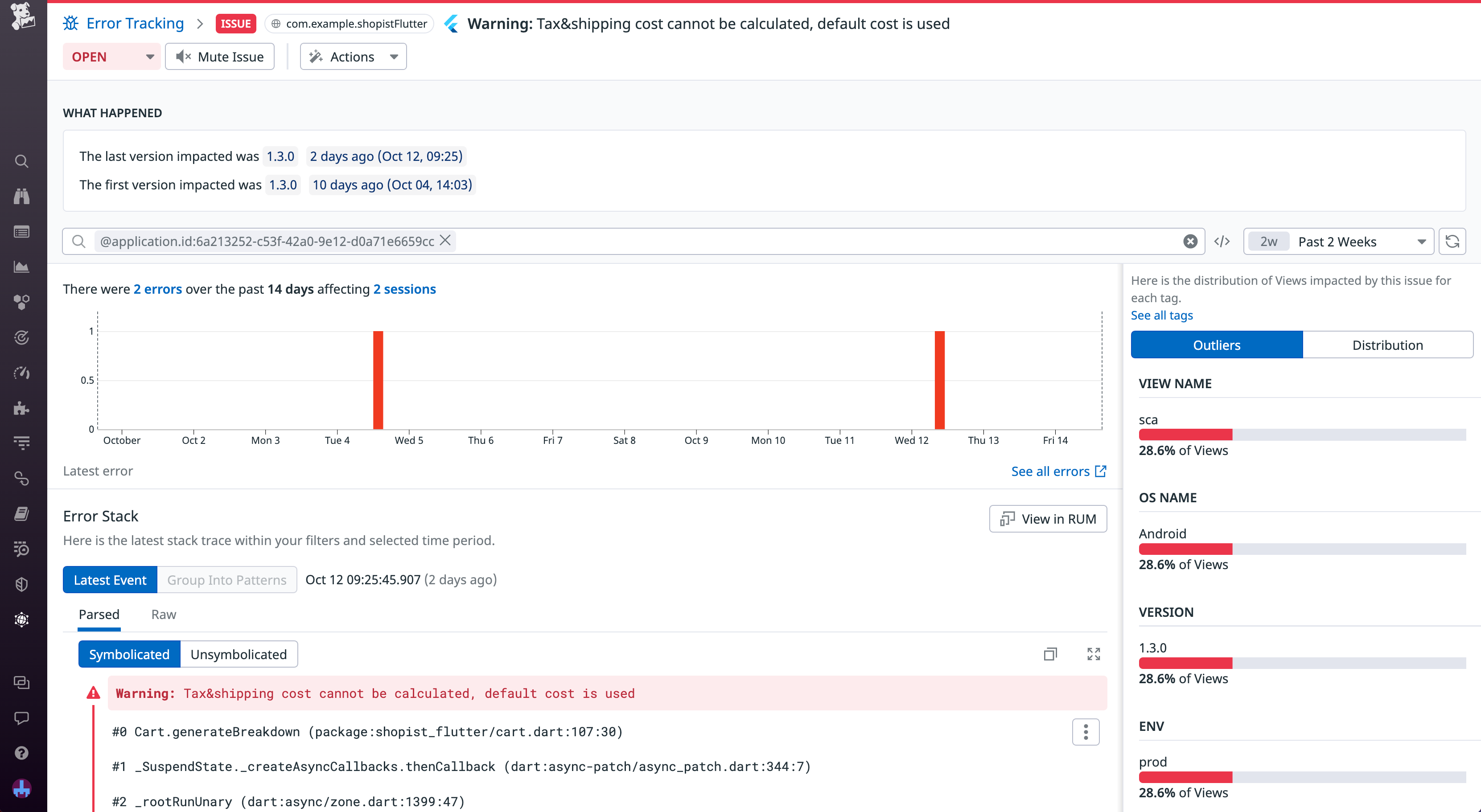 モバイル RUM のエラートラッキングで Flutter のユーザーセッションを把握できます。