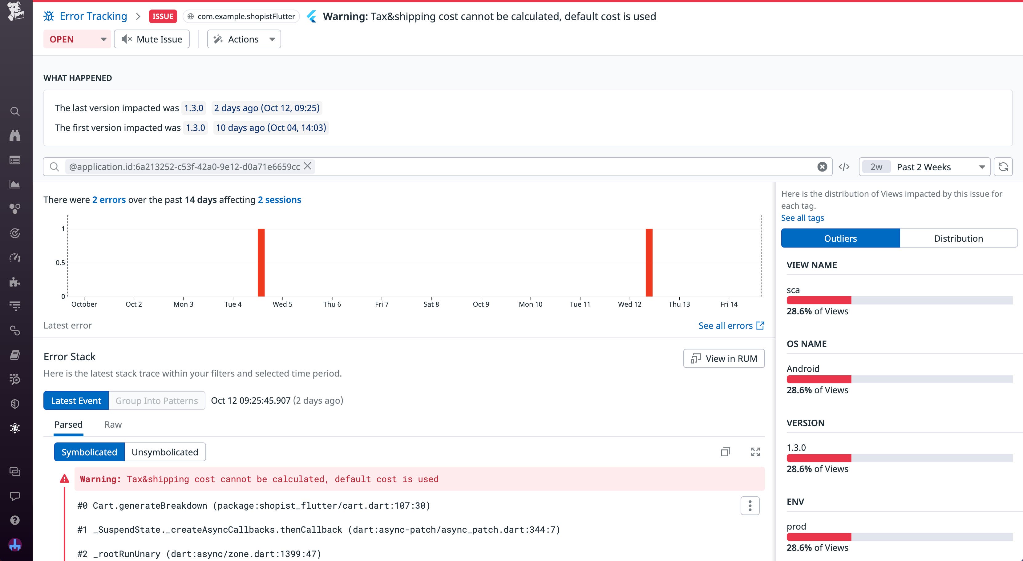 モバイル RUM のエラートラッキングで Flutter のユーザーセッションを把握できます。 モバイル RUM のエラートラッキングで Flutter のユーザーセッションを把握できます。