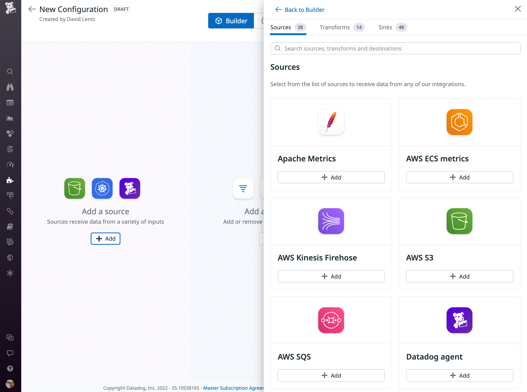 コンフィギュレーションビルダーのシンプルな UI により、ソース、トランスフォーム、シンクを視覚的に探索し、選択することができます。