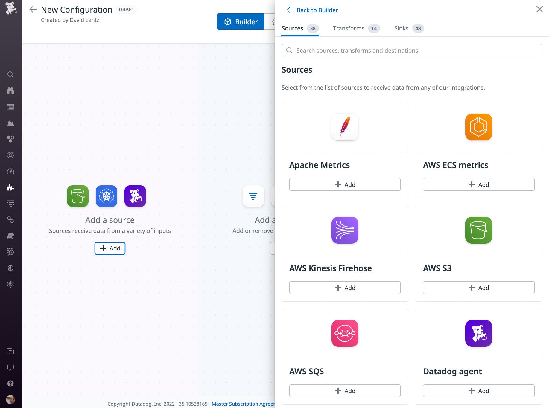 コンフィギュレーションビルダーのシンプルな UI により、ソース、トランスフォーム、シンクを視覚的に探索し、選択することができます。 コンフィギュレーションビルダーのシンプルな UI により、ソース、トランスフォーム、シンクを視覚的に探索し、選択することができます。