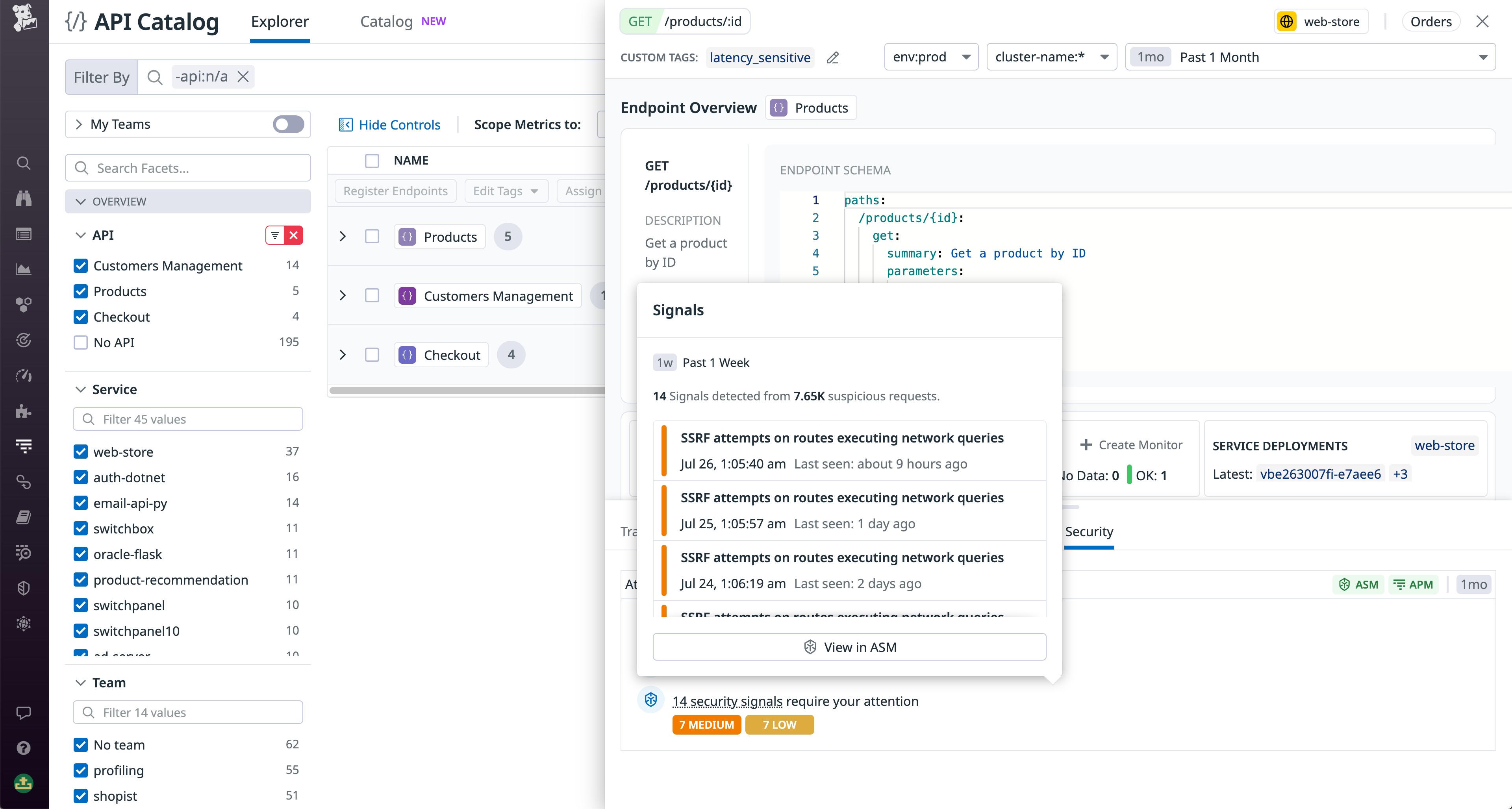 View triggered security signals for your APIs in the API Catalog