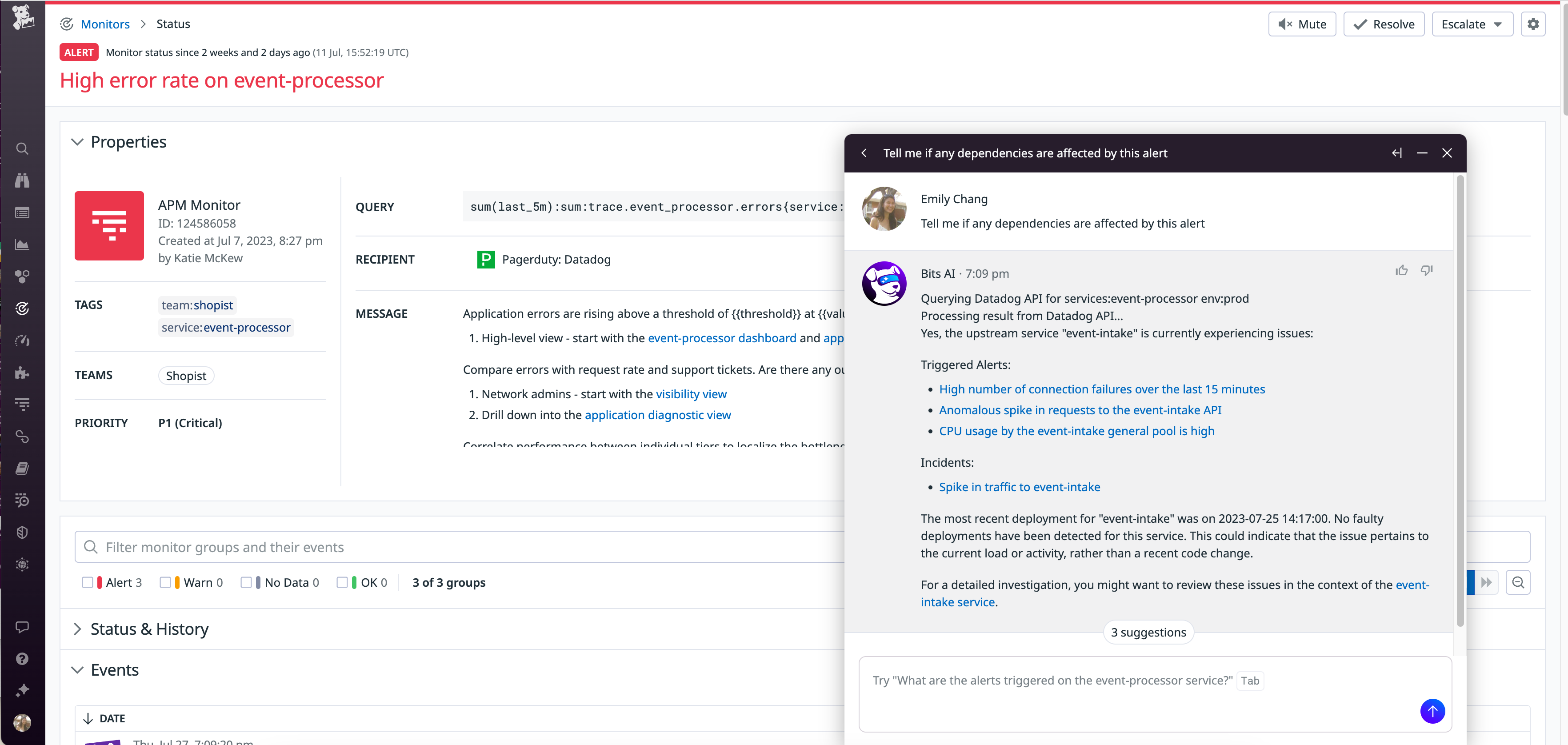 Get detailed insights into your triggered alerts with Bits AI