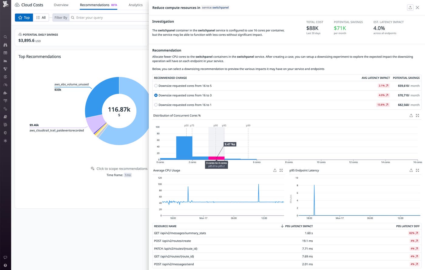 Cloud Cost Recommendations show a breakdown of potential savings and projections of how reducing a container's compute resources will affect the latency of endpoints in the service. Cloud Cost Recommendations show a breakdown of potential savings and projections of how reducing a container's compute resources will affect the latency of endpoints in the service.