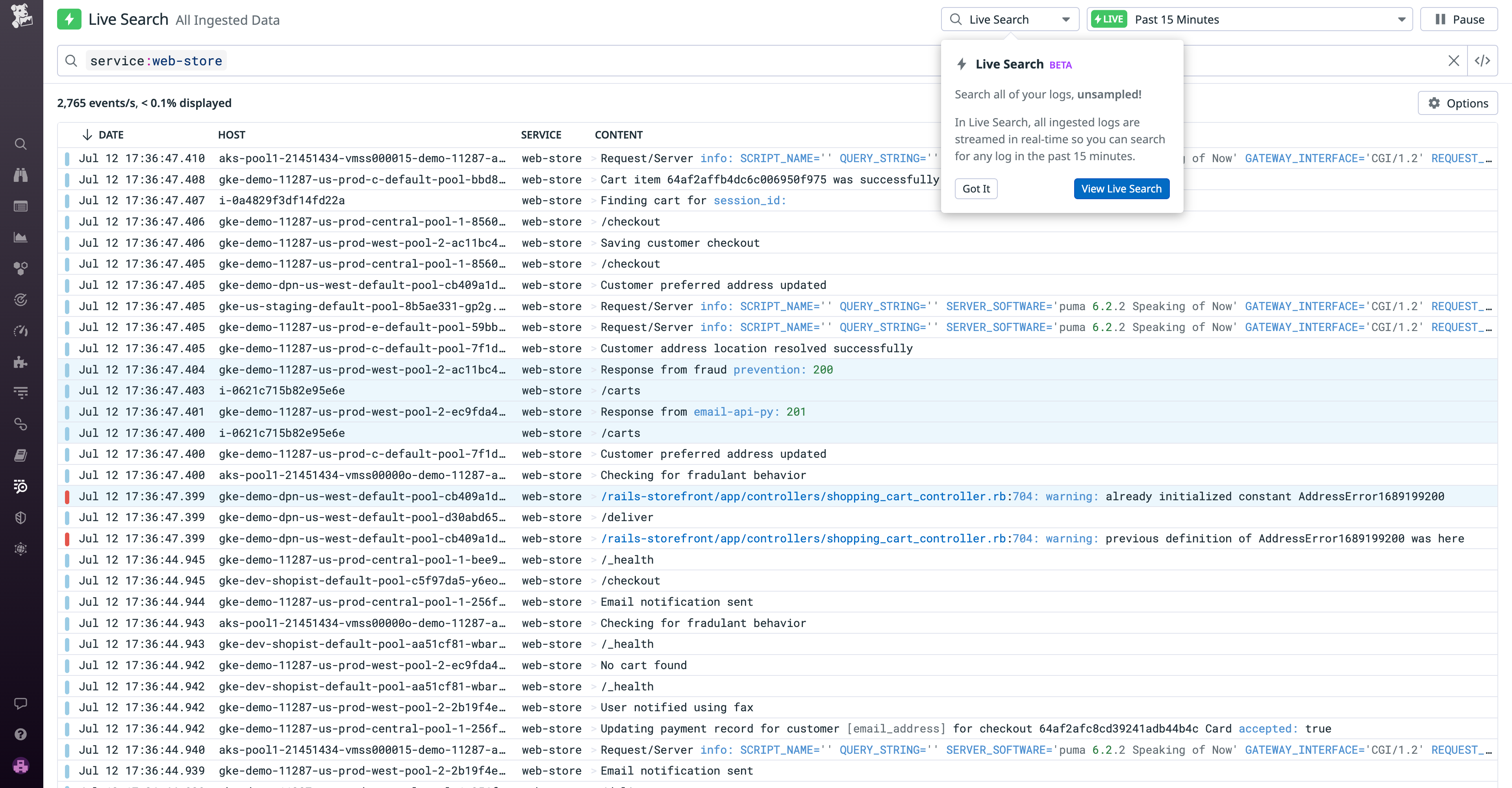 Shows all ingested logs associated with a specific service