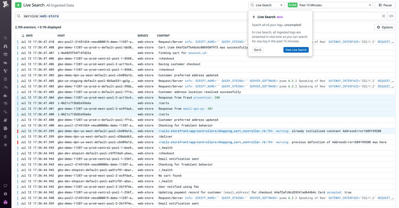 Shows all ingested logs associated with a specific service Shows all ingested logs associated with a specific service