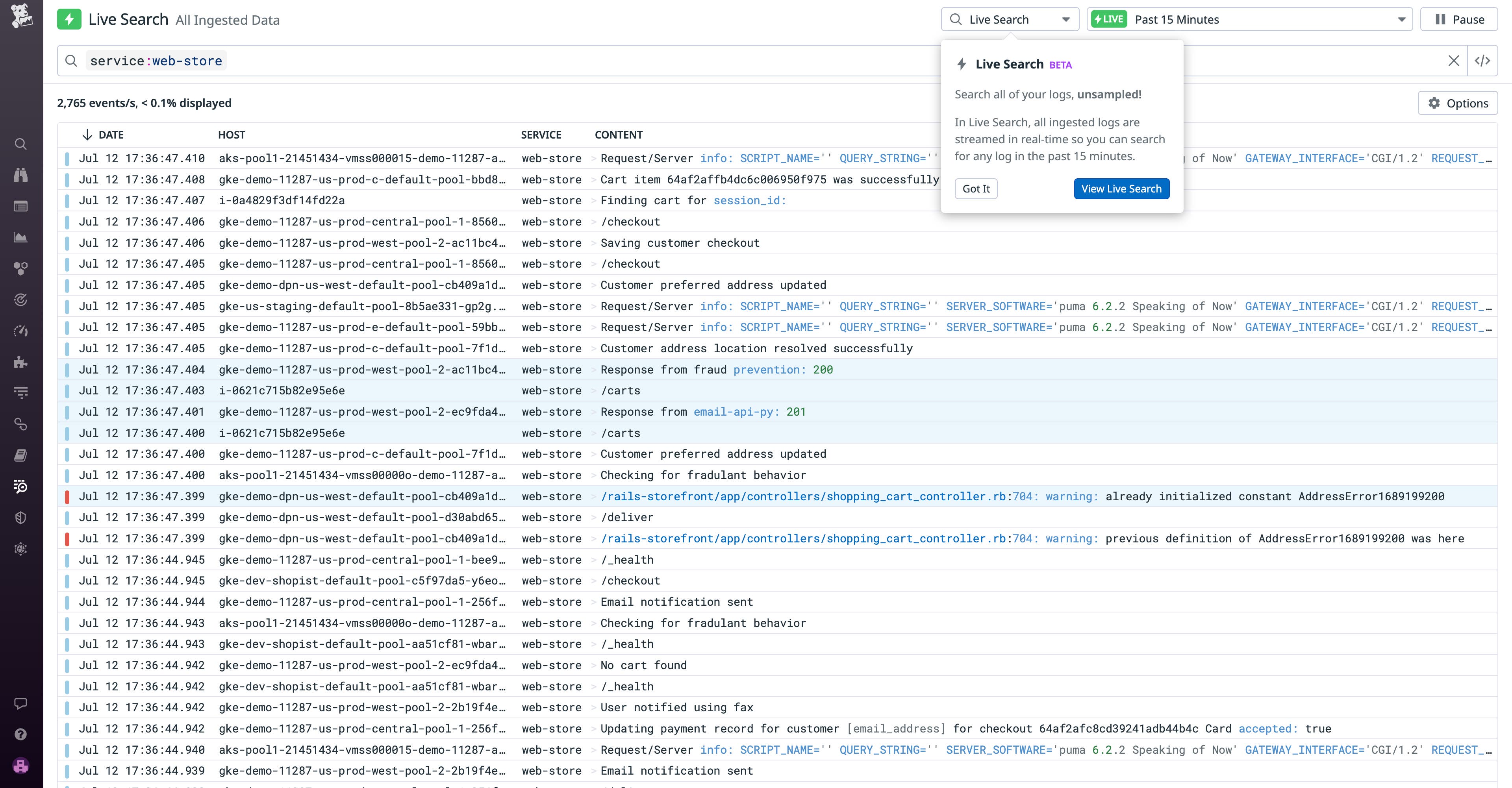 Shows all ingested logs associated with a specific service Shows all ingested logs associated with a specific service