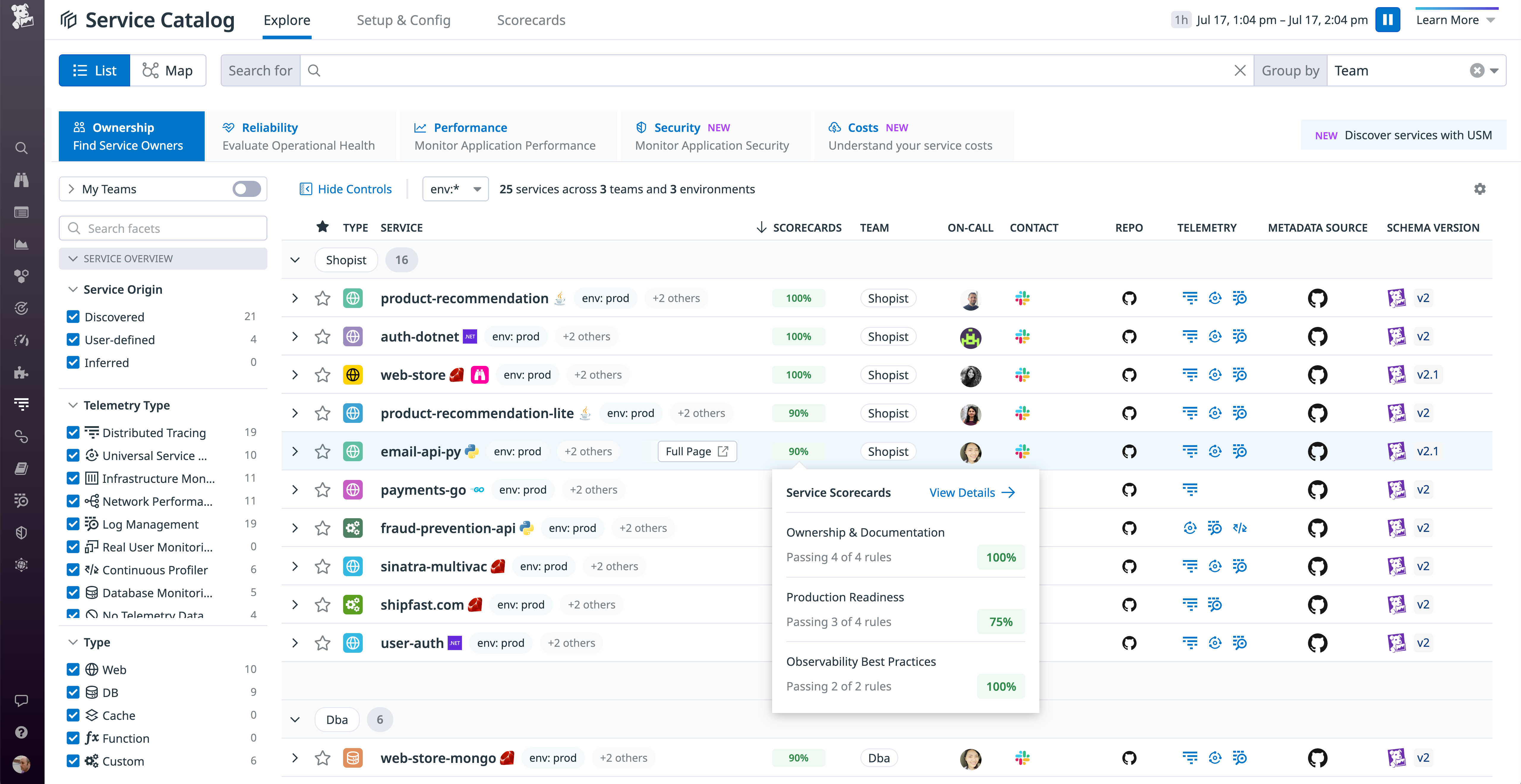 Service Catalog shows each service's score from the ownership and documentation, production readiness, and observability best practices categories.